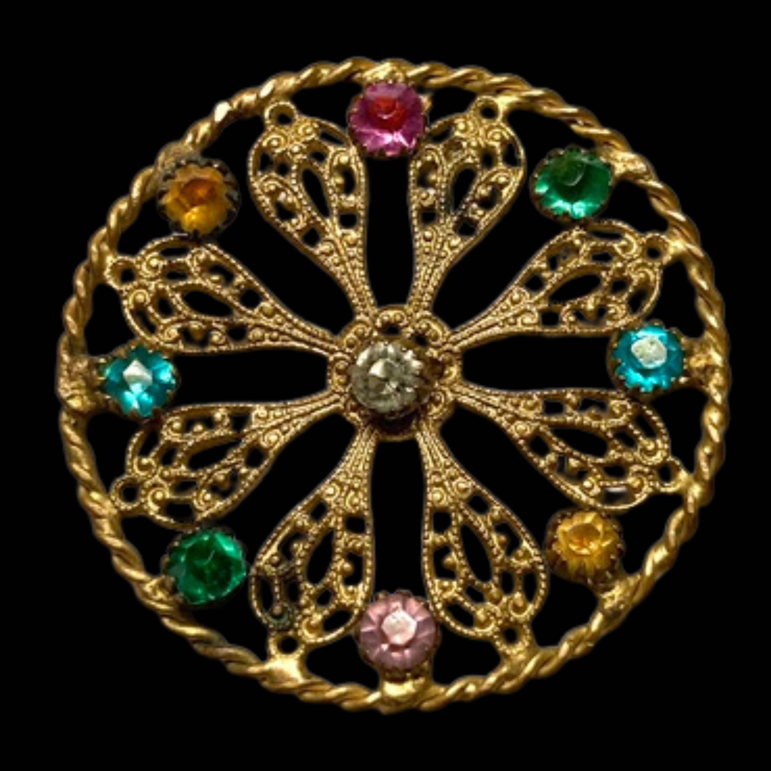 Large Antique Lacy Like Gilt Brass with Claw Set Pastes