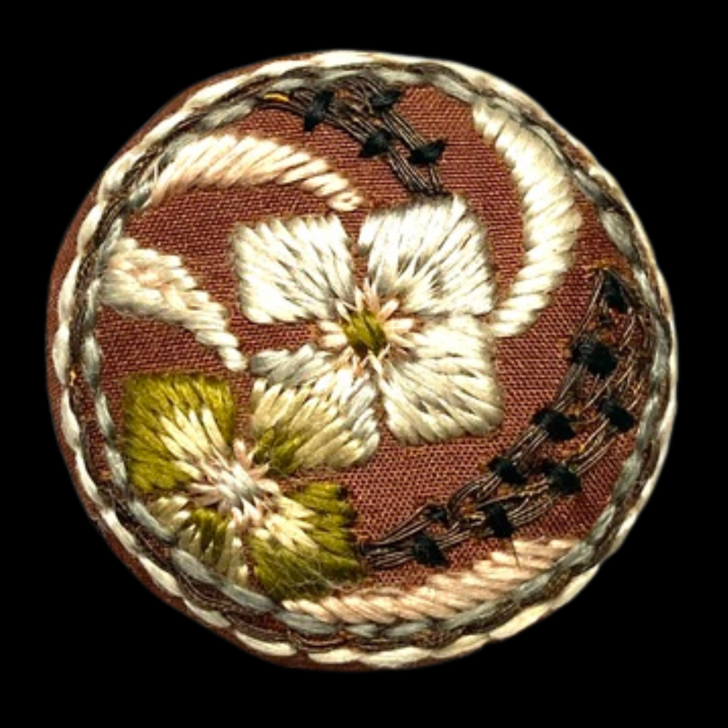 Medium Antique Embroidered Fabric over Wood Button