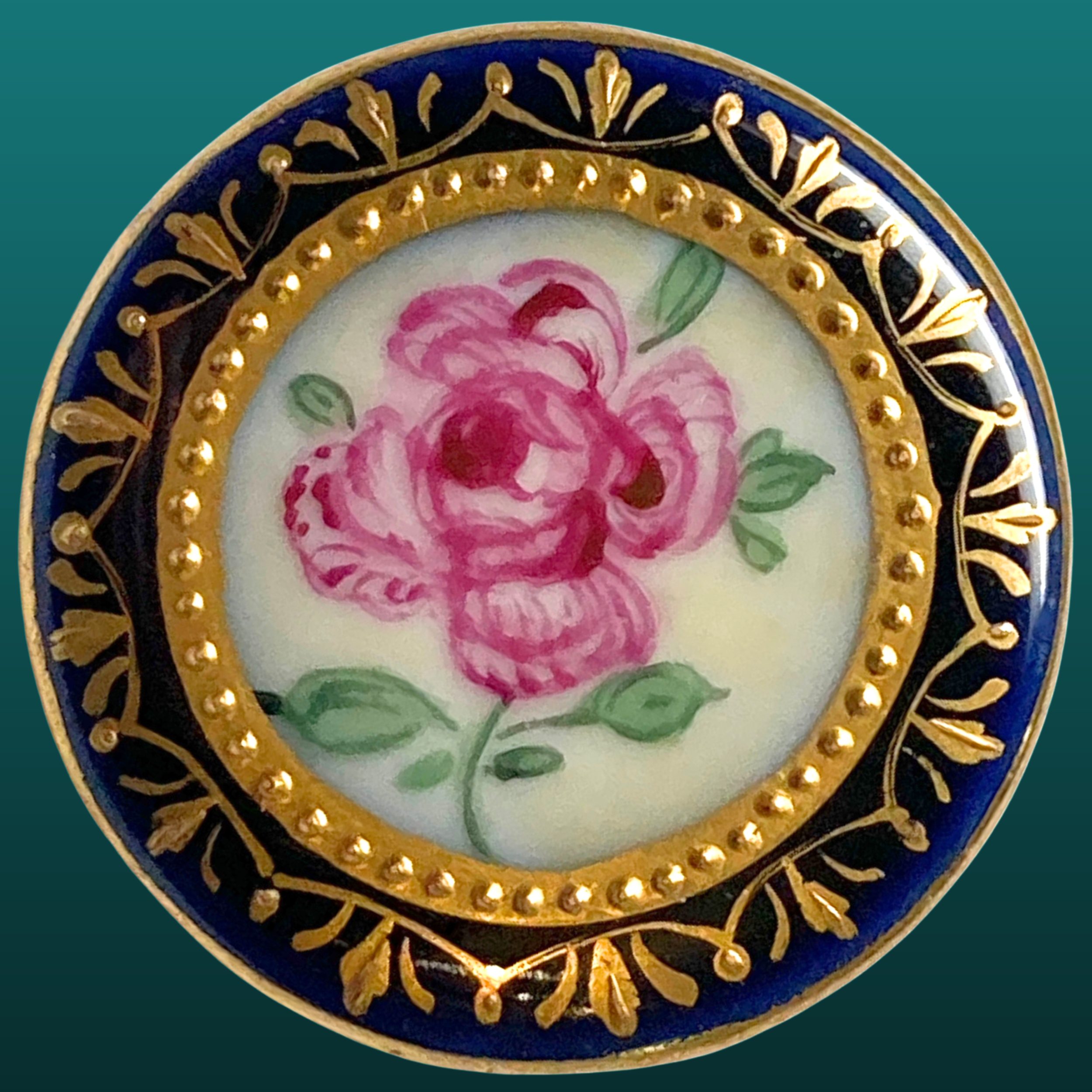 Medium Hand Painted White Porcelain Button with Pink Rose