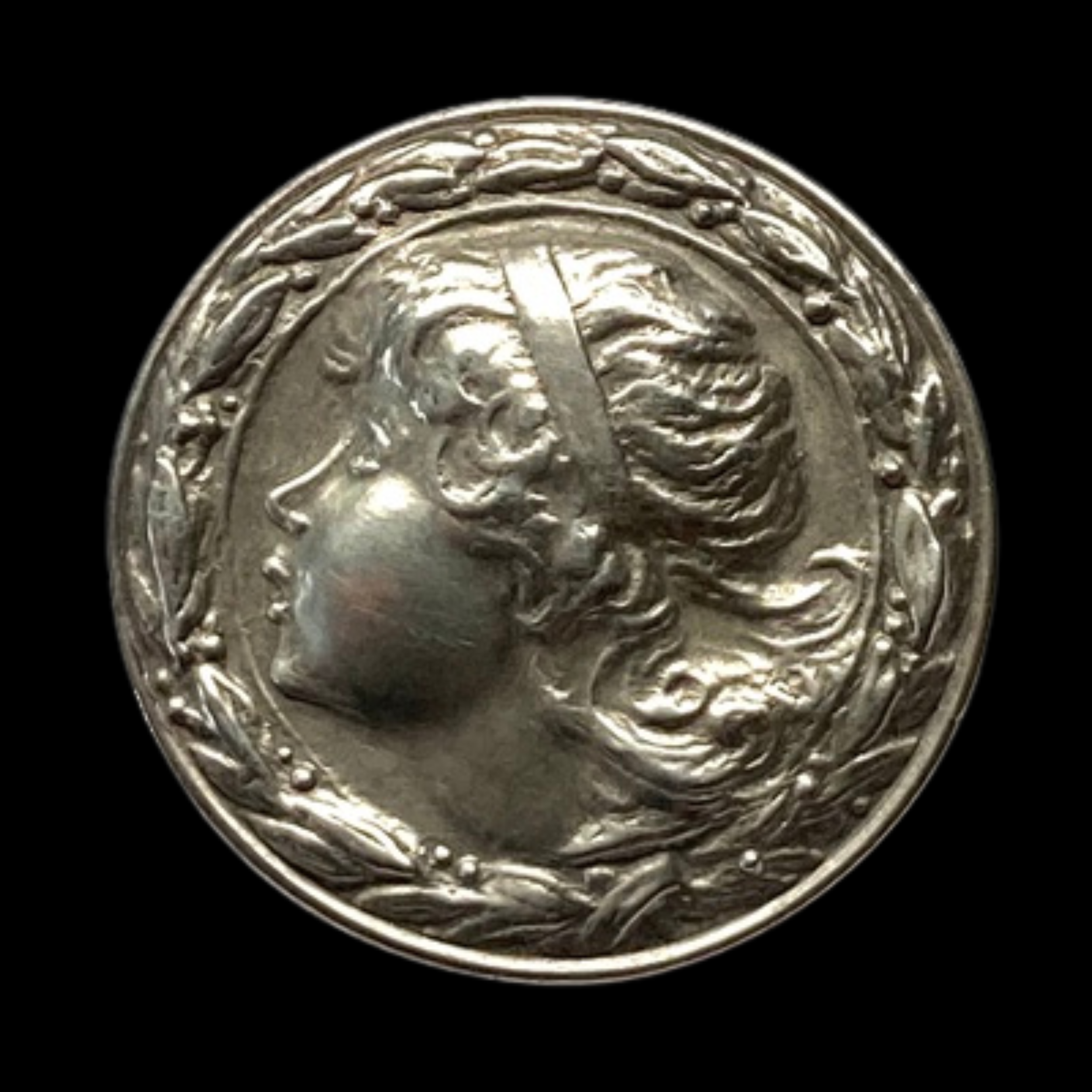 Medium Hallmarked Sterling Silver Button w Pretty Maiden & Laurel Wreath Border