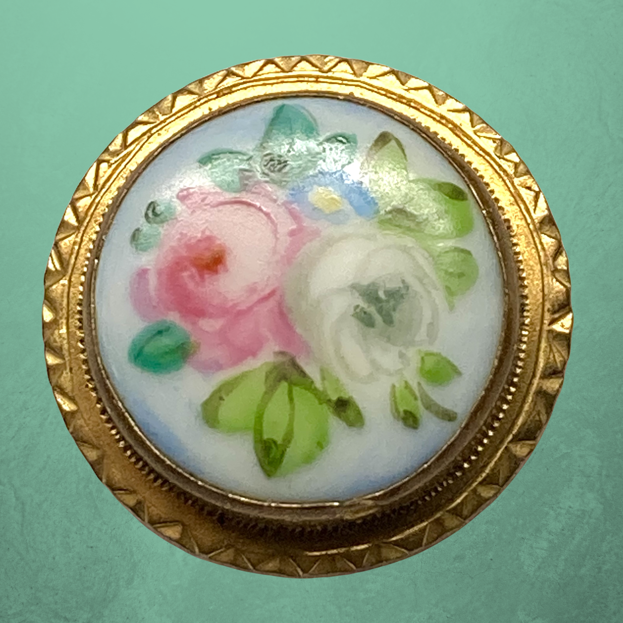 Small 19th Century Polychrome Painting on Glass in Brass Button