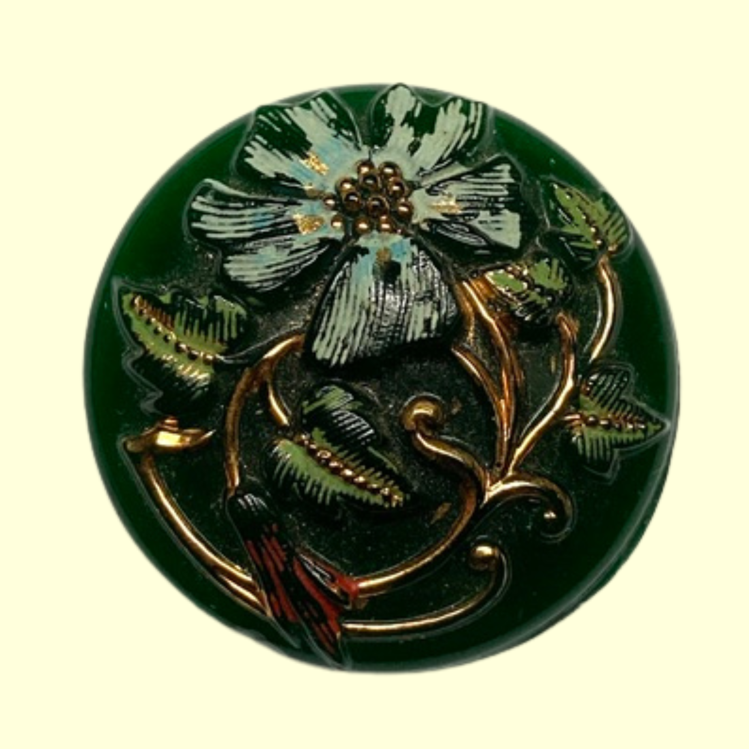 Medium Green Victorian Glass Button with Painted Florals