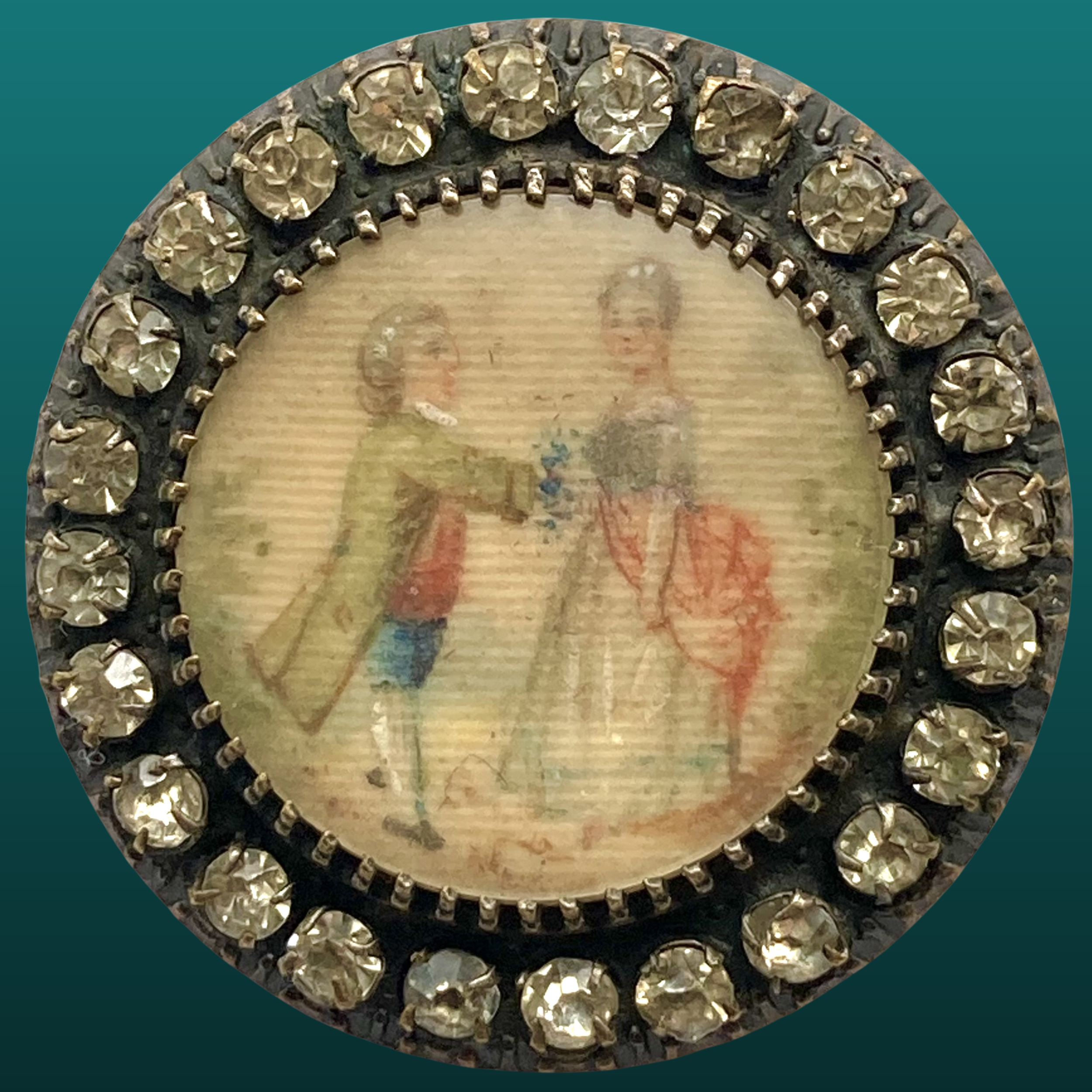 Lg Medium Early 19th Century Button Painting on Natural Material Under Glass