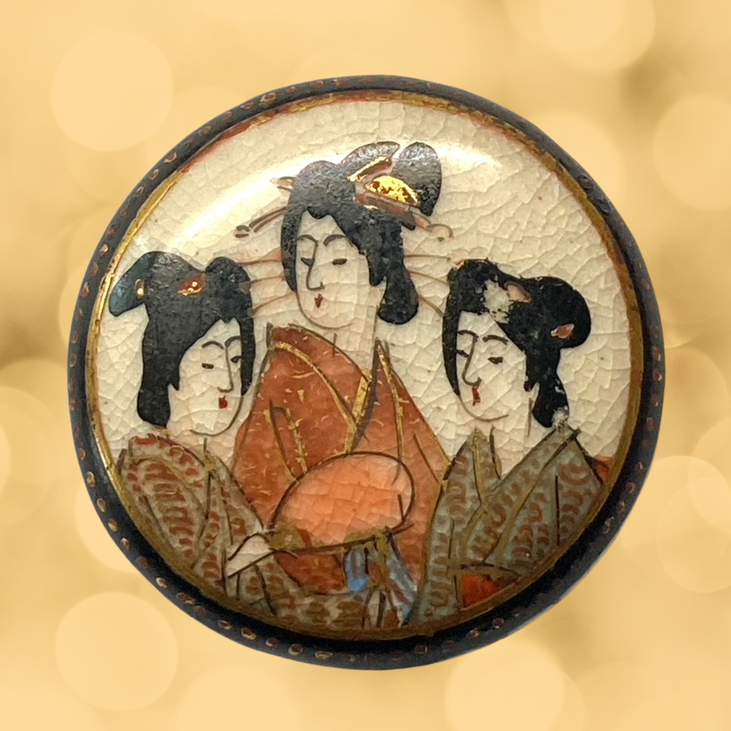 Medium Japanese Satsuma Button with 3 Geishas
