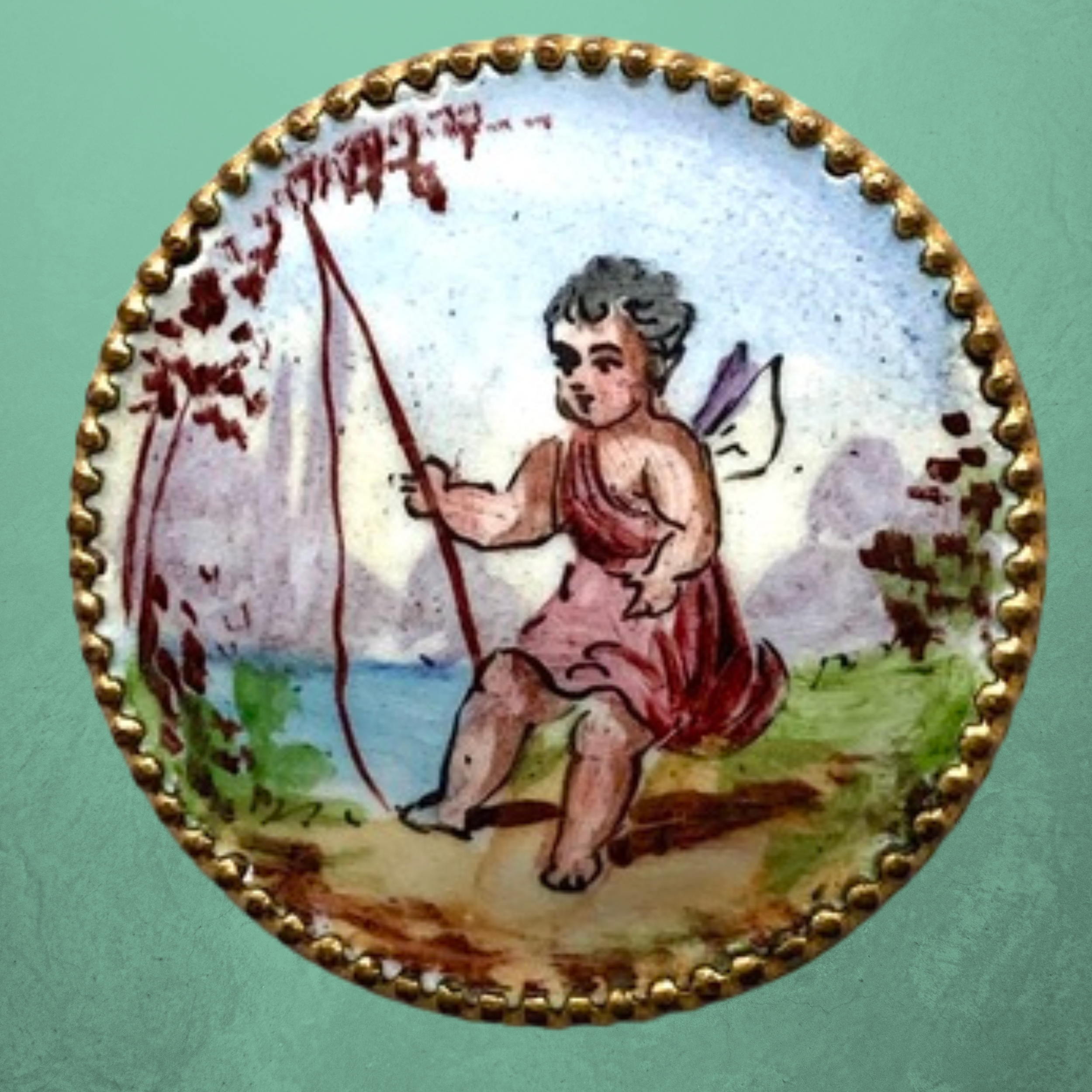 Medium Antique Hand Painted Enamel Button w Cherub Fishing