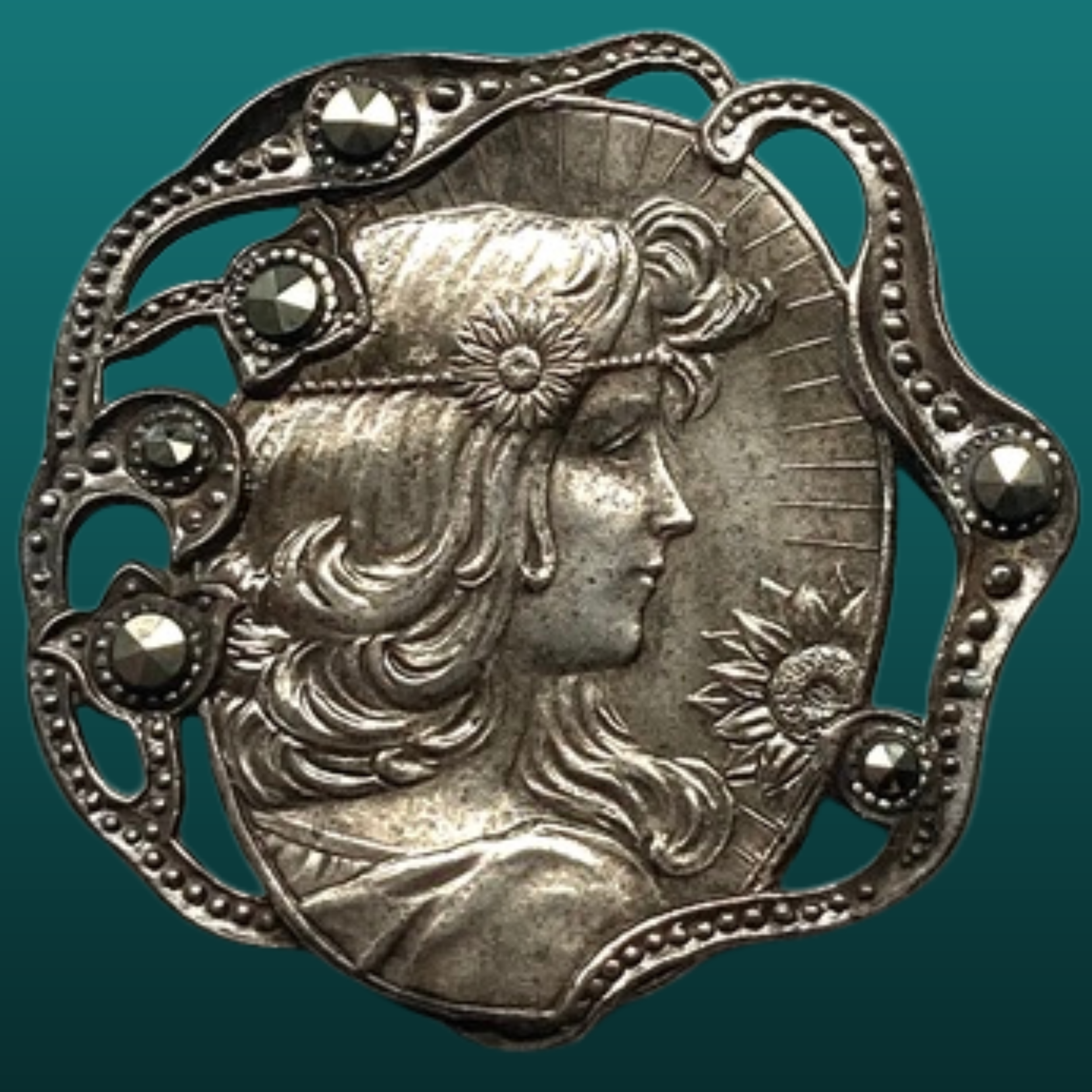 Large Antique Silver Art Nouveau Pretty Lady with Marcasites