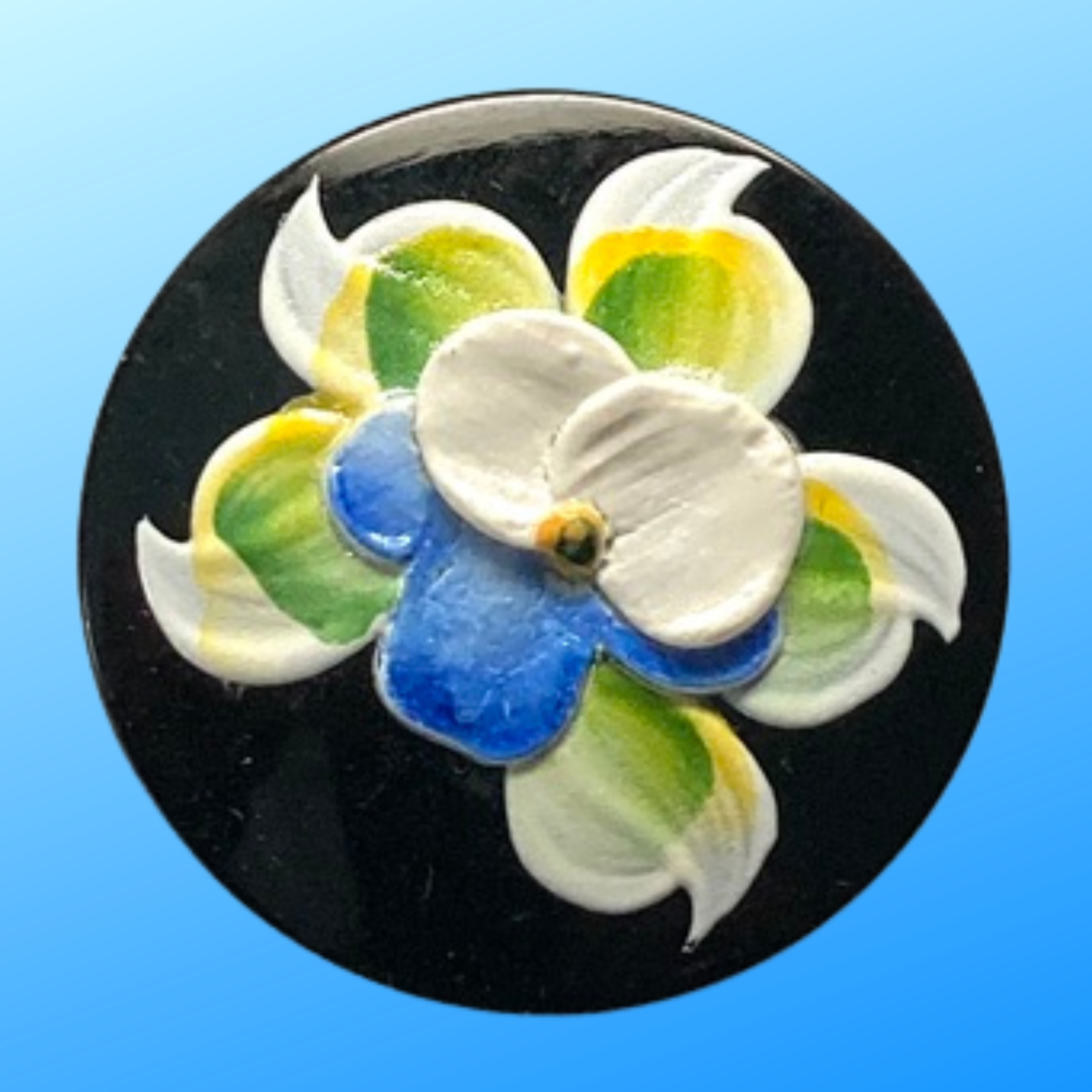 Medium Vintage Black Glass Button w Impasto Painted Pansy