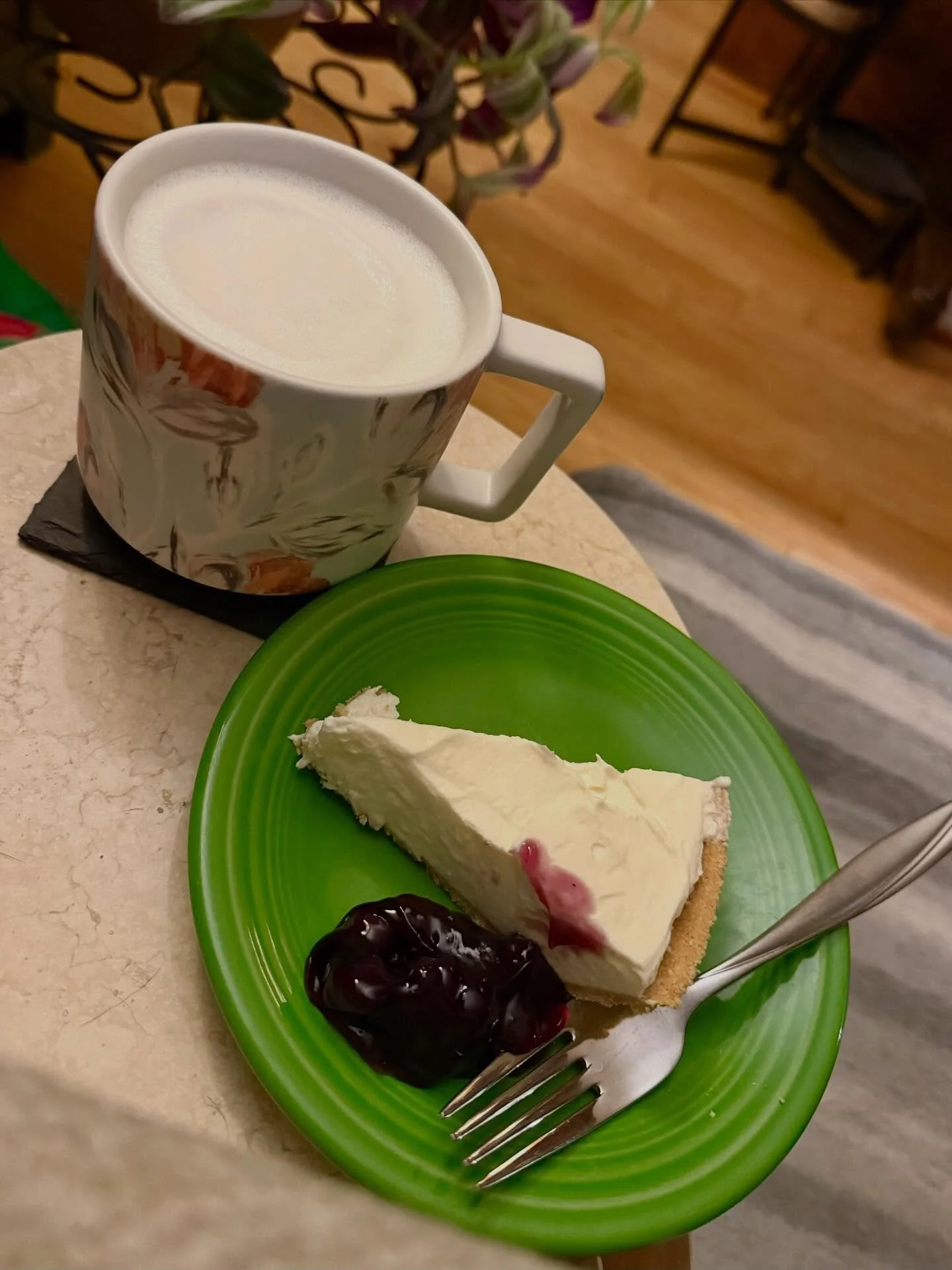 I have the best caregivers! Struggling today and my barista husband made me a lavender tea. A friend made a cheesecake and brought it over because she was shopping and I said it sounded good. 🥰❤️😘 #caregiver #cheesecake #lavendertea #yummy #trigemi