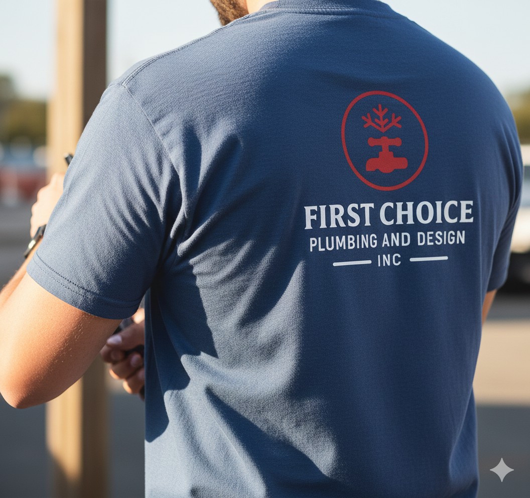 Back of a person wearing a dark blue shirt with a logo and text for 'First Choice Plumbing and Design Inc' on it.