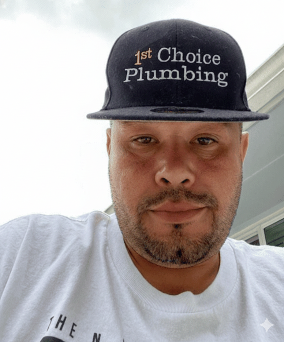 A man outdoors wearing a black baseball cap with the words '1st Choice Plumbing' embroidered on it and a white T-shirt.