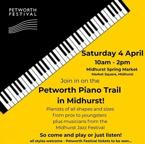 The Petworth Piano Trail returns to Midhurst this Saturday (4 April) at the Midhurst Spring Market - Market Square, Midhurst!

Come along and join in - play a tune or simply sit back and enjoy the music. Petworth Festival tickets to be won!

See you 