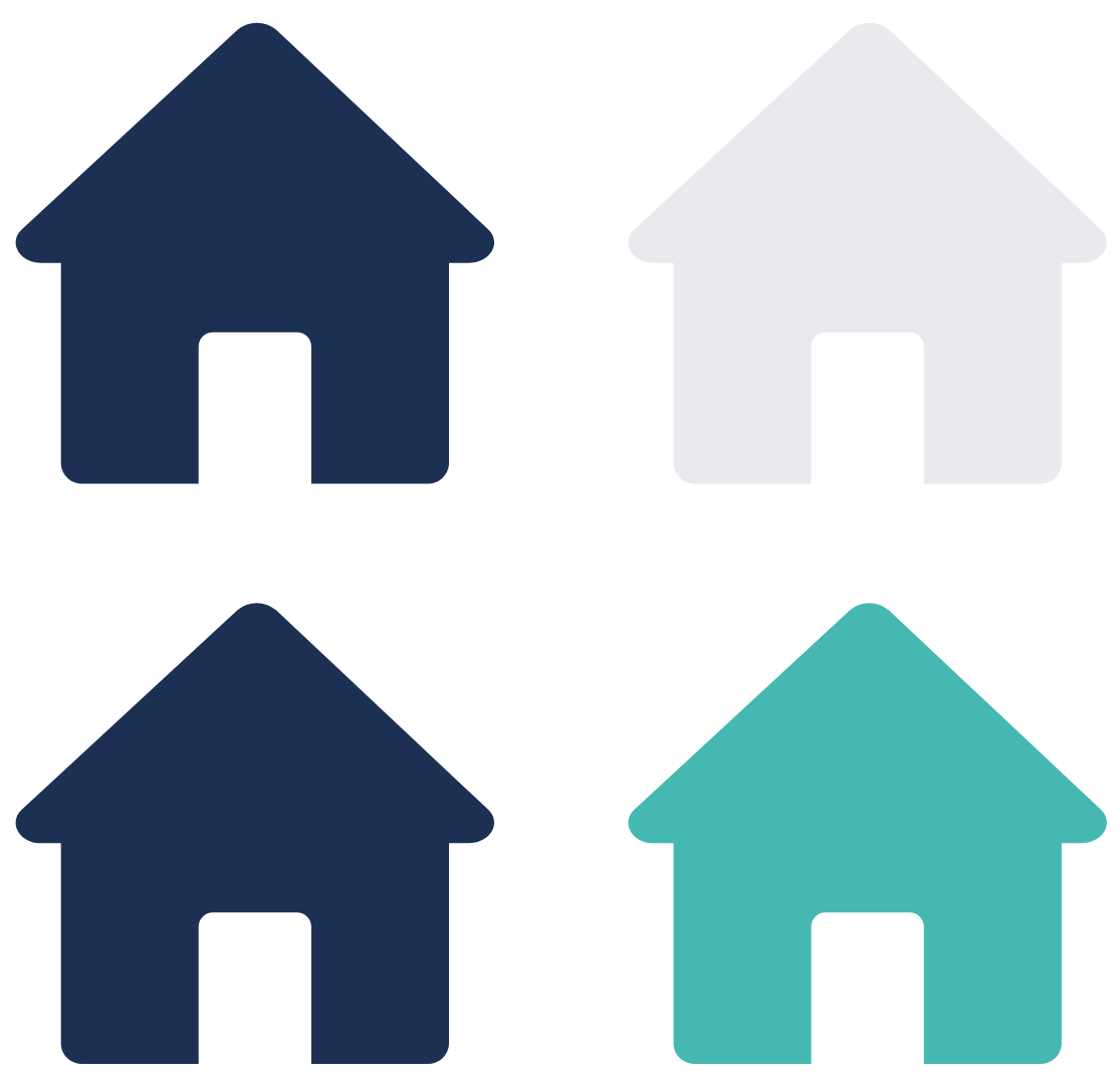Four house icons in a 2x2 grid, with two dark blue, one white, and one teal, on a black background.