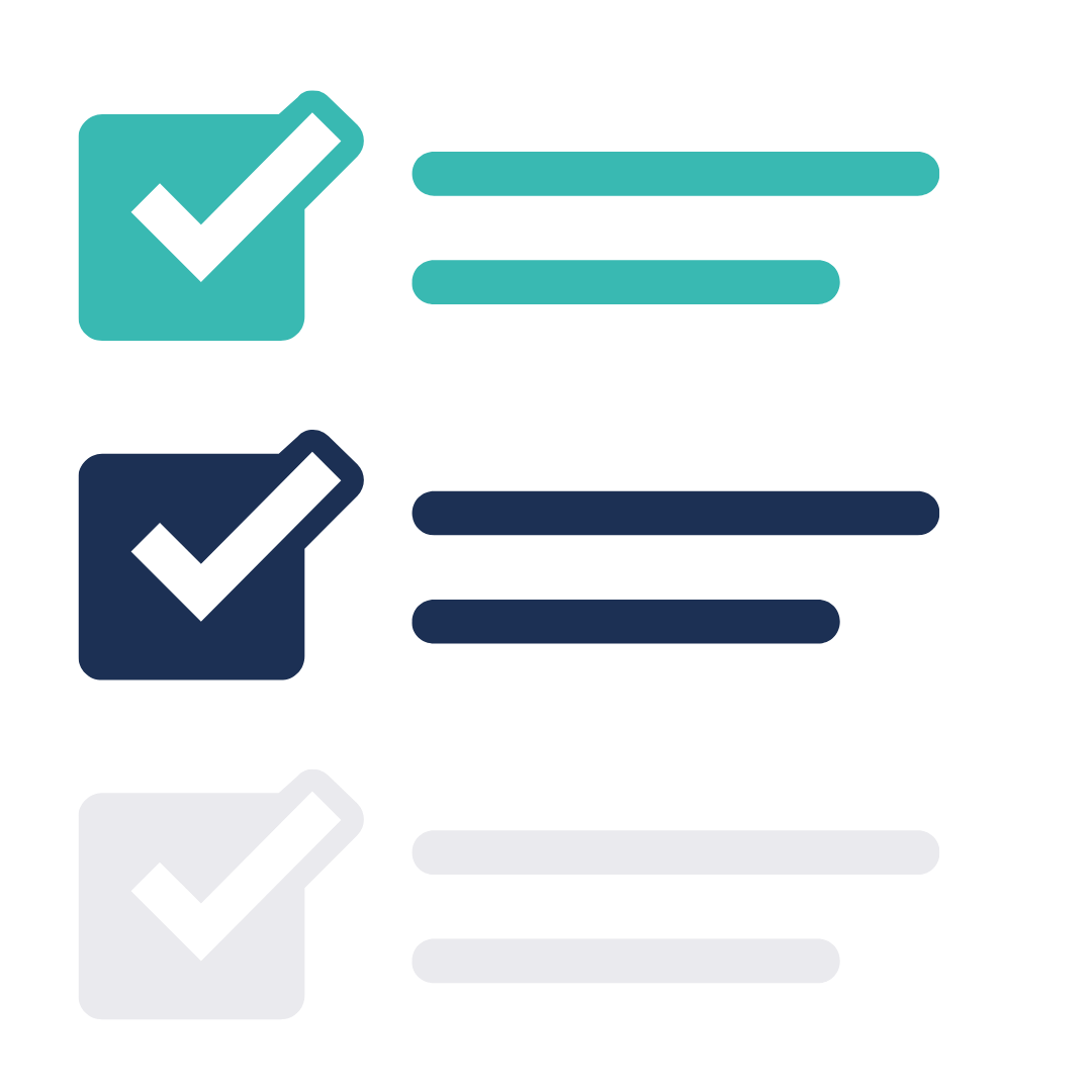 Checkboxes with check marks next to lines of text in three different colors: teal, navy, and gray, on a black background.