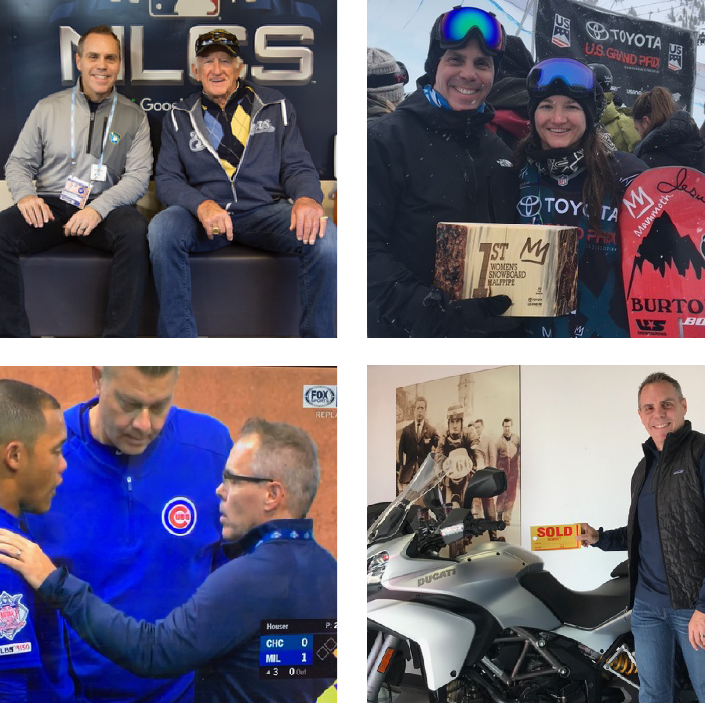 Images of Mark Niedfeldt, M.D. - seated with Milwaukee Brewers legend Bob Uecker, at a US Ski Team event, treating a Chicago Cub player on television, buying a Ducati motorcycle