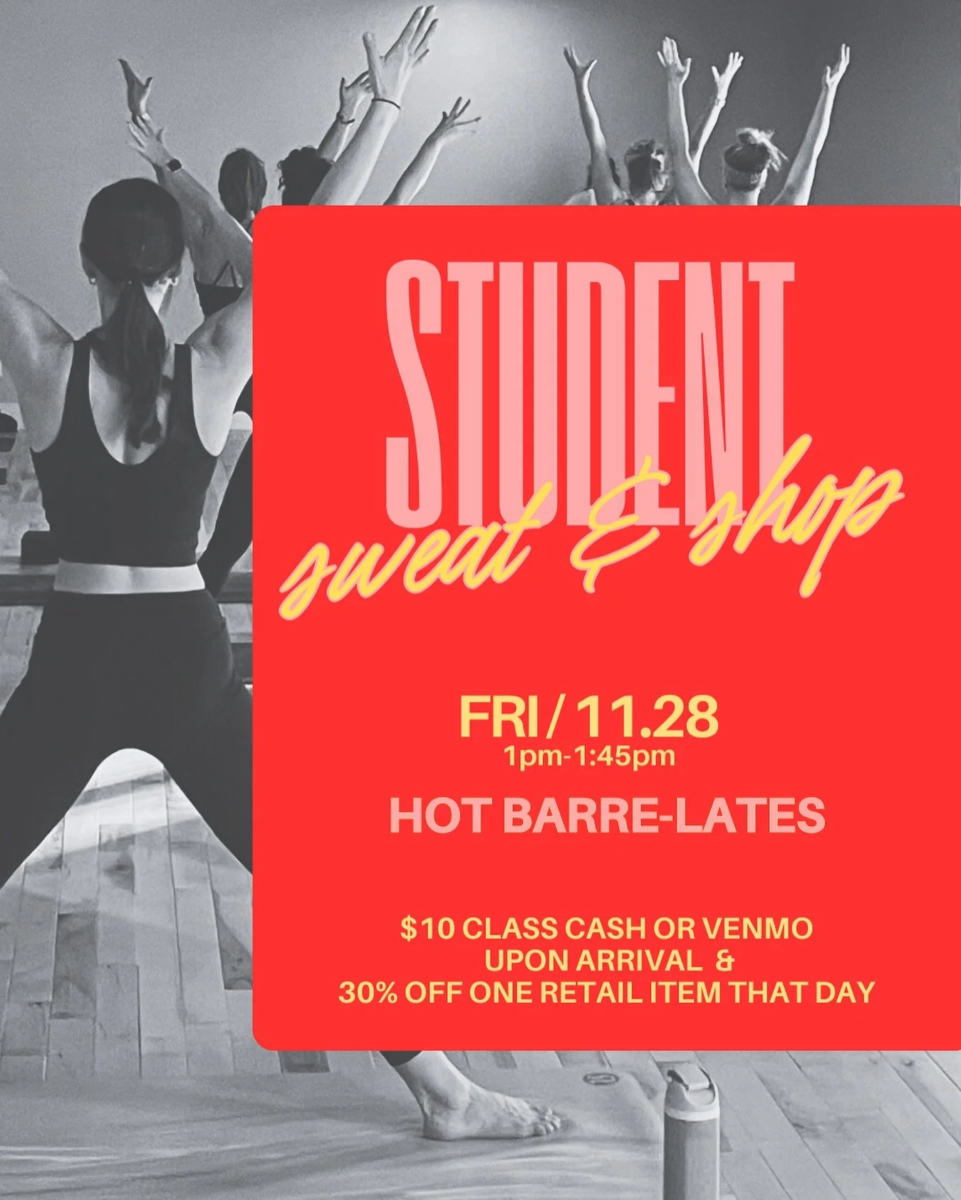 ✨ Students 21 &amp; Under✨ join Kennedy on Black Friday 11/28 for a student Sweat &amp; Shop 1:00pm-1:45pm! Take a 45 minute Hot Barre-lates class, the perfect blend of classical Pilates and Barre in one hot room 🔥 After class shop around our retail