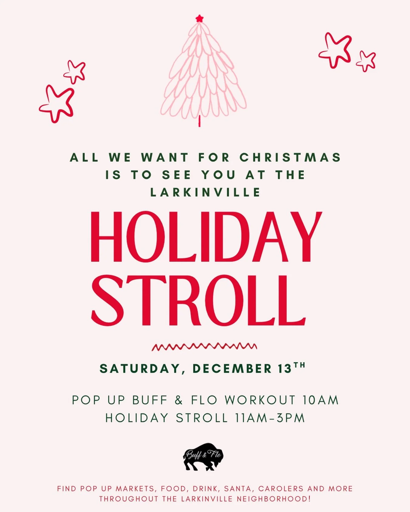 Join us Saturday, December 13th in Larkinville for their annual Holiday Stroll🎄 Start the day with us at the Larkinville office building lobby at 10:00am for a FREE Barre-lates class- the perfect Buff &amp; Flo blend of Pilates &amp; Barre. 

Then, 