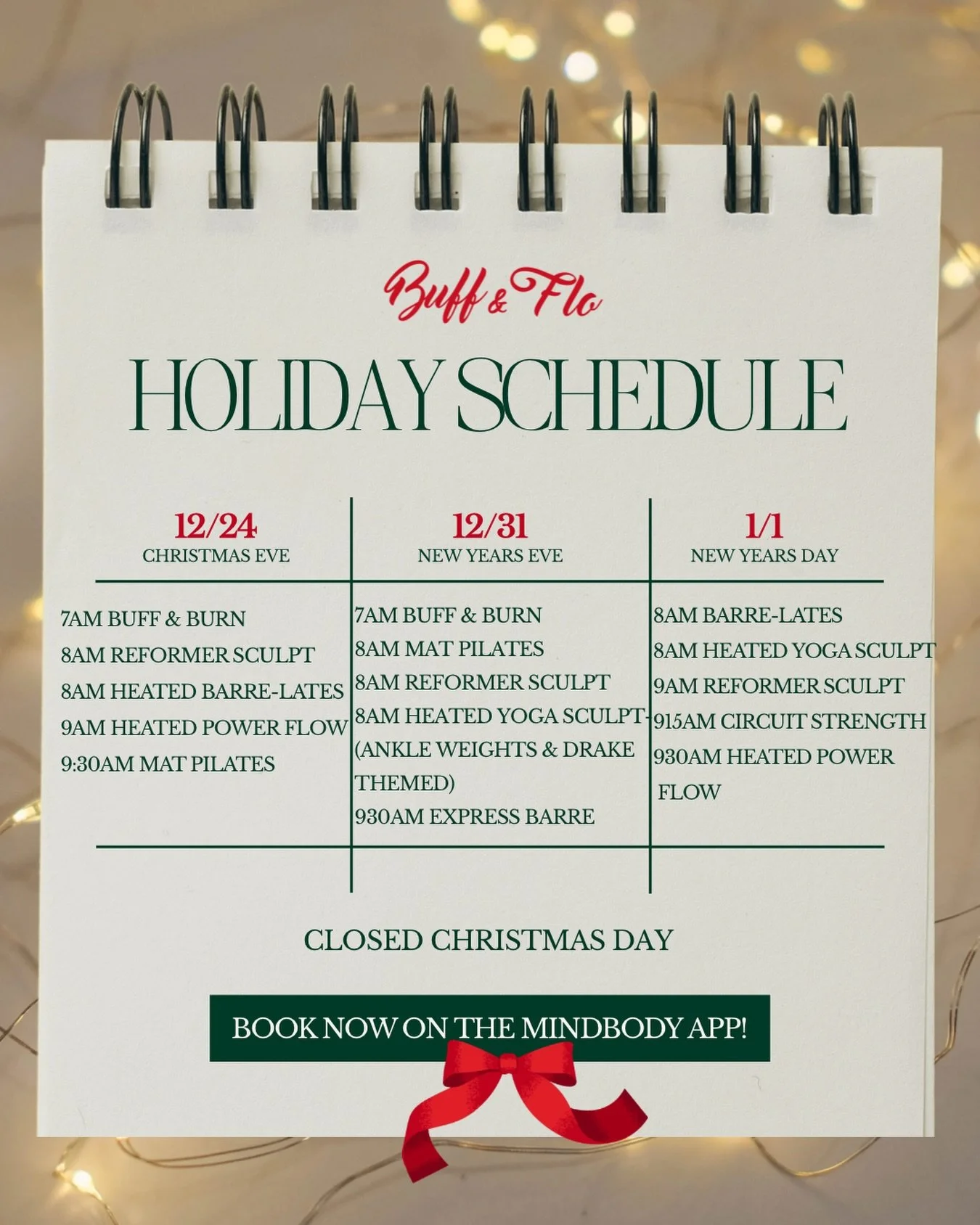 Holiday schedule is LIVE on Mindbody🎄☃️ Classes will fill up fast so get signed up today! 

As always, please continue to check the Mindbody app and our website for an updated schedule as there might be small changes during the busy holiday season. 