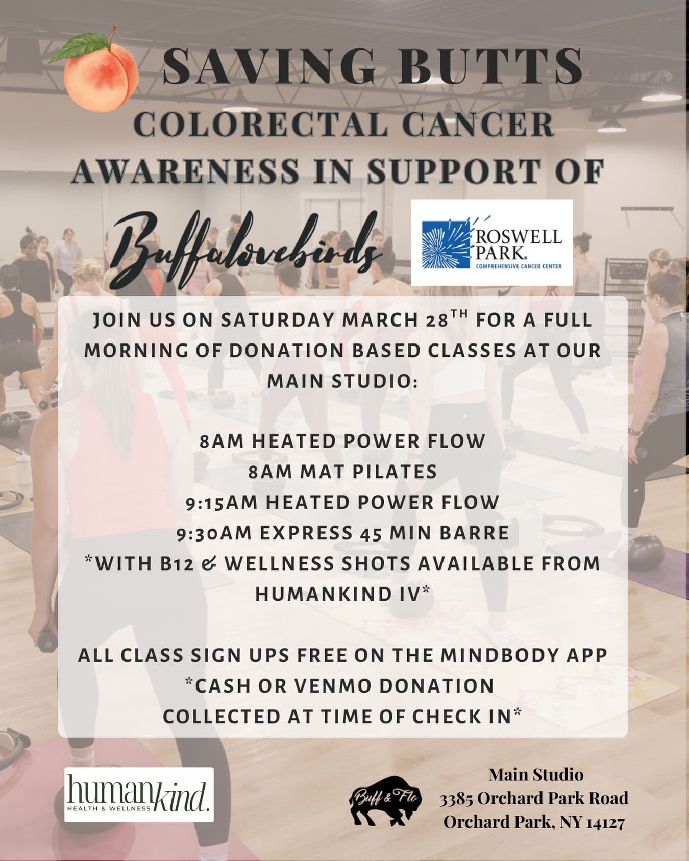 We are so honored to host donation based classes for the Saving Butts Campaign by @buffalovebirds for @roswellpark . Join us on Saturday March 28th. Classes for Saving Butts include:

8am Mat Pilates 
8am Heated Power Flow
9:15am Heated Power Flow
9: