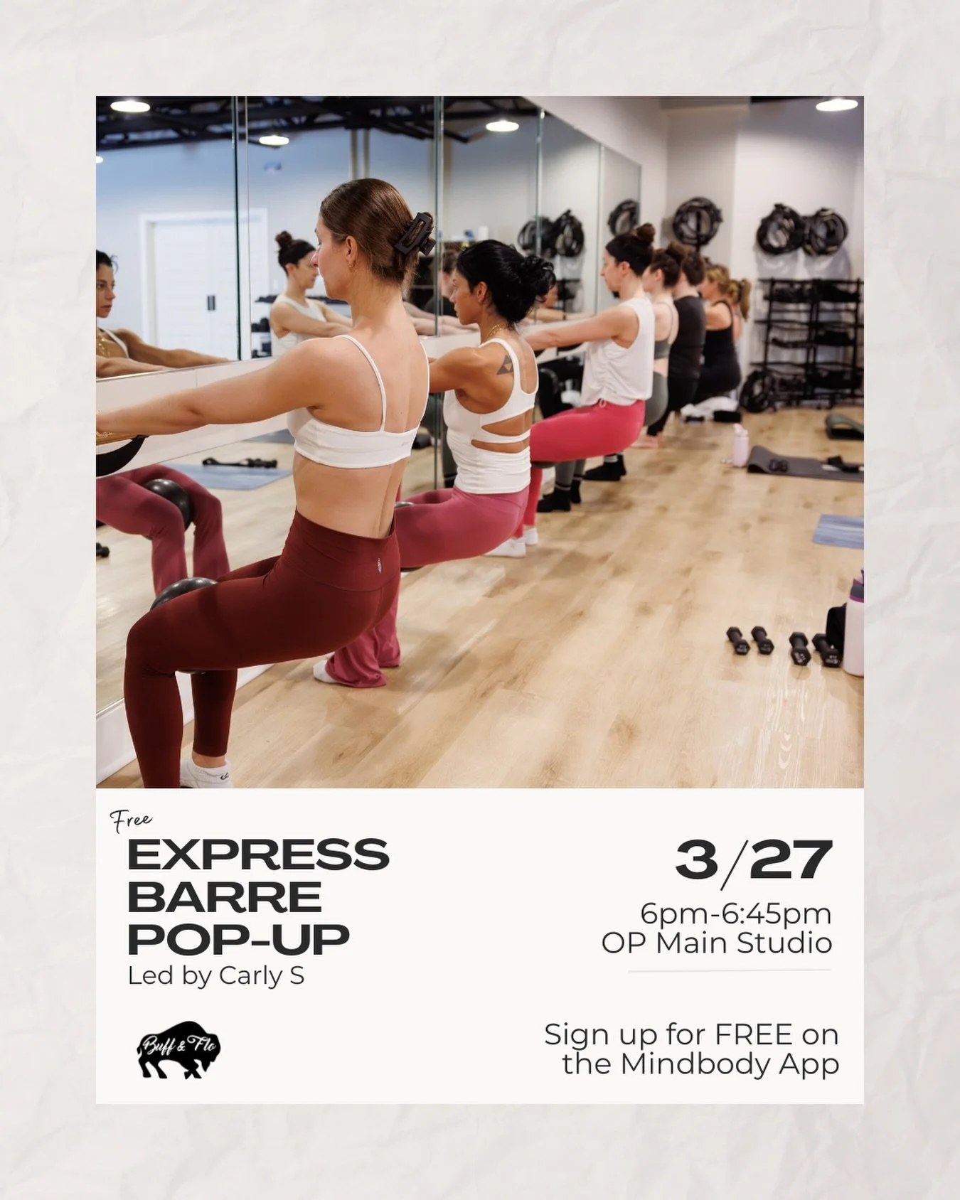 Join @carlyschubbe for her second FREE Express Barre Pop-Up Friday, March 28th ✨ 

Come show your support as she keeps growing on her Barre training journey at the studio! Sign up for free on the Mindbody App 📲

Friday, March 27th 
6:00pm-6:45pm 
Op