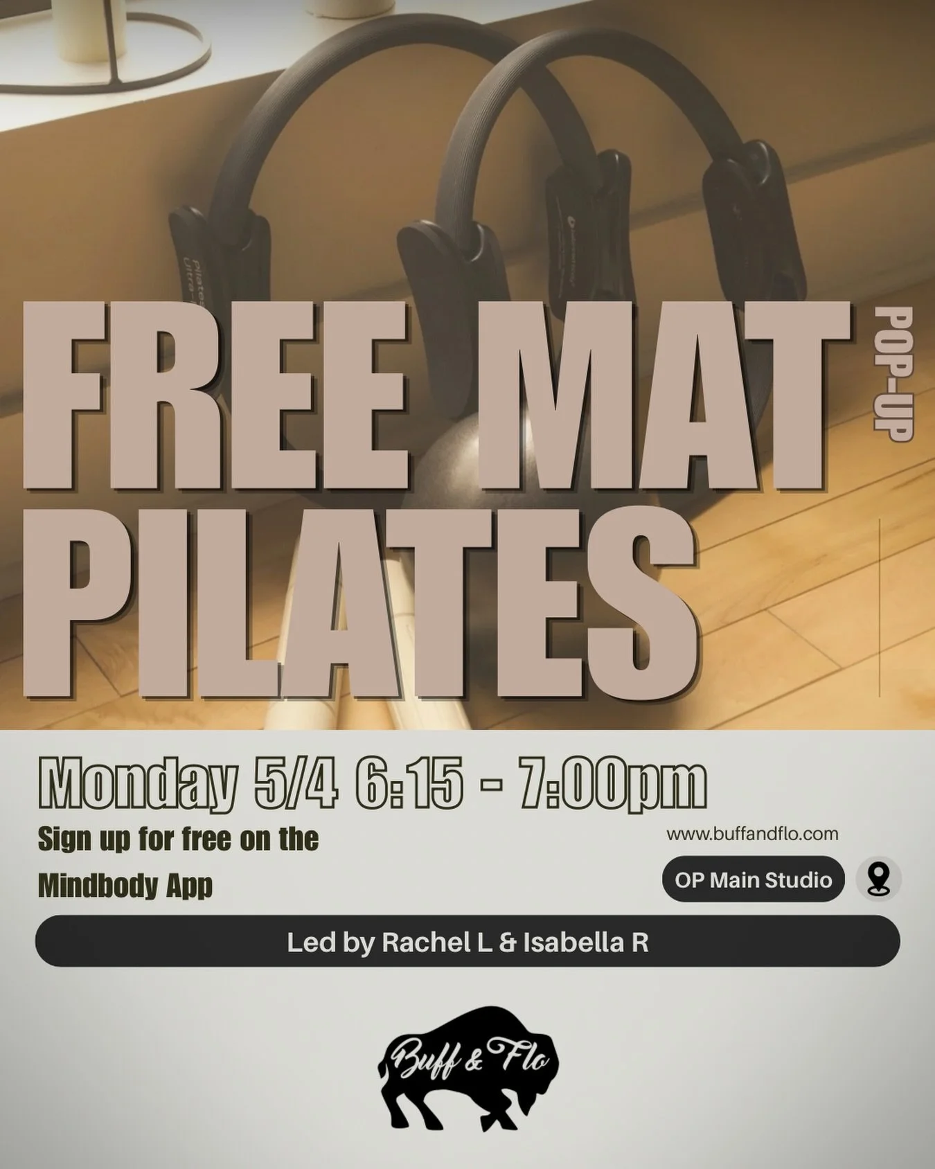 Join Rachel L &amp; Bella R for a FREE Mat Pilates Pop Up Monday 5/4 6:15pm-7:00pm! They both have been working very hard toward completing their Classical Pilates Certification so let&rsquo;s show them some support this weekend as they co-teach thei