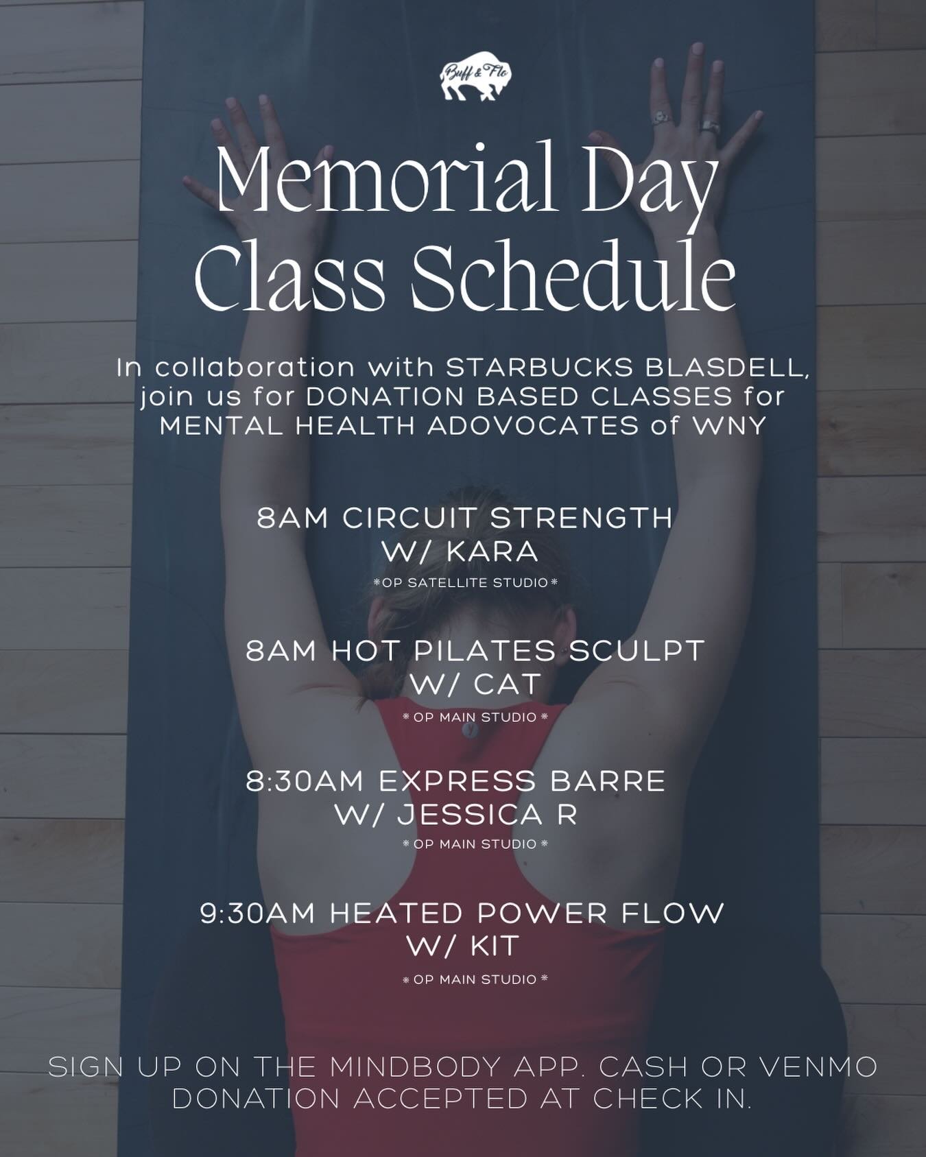 We are proud to collaborate for our 5th year with Blasdell Starbucks @starbucks7486 to raise awareness for mental health! We are offering a donation-based classes honoring former Starbucks employee, Kathryn Bergman, and those who struggle with mental