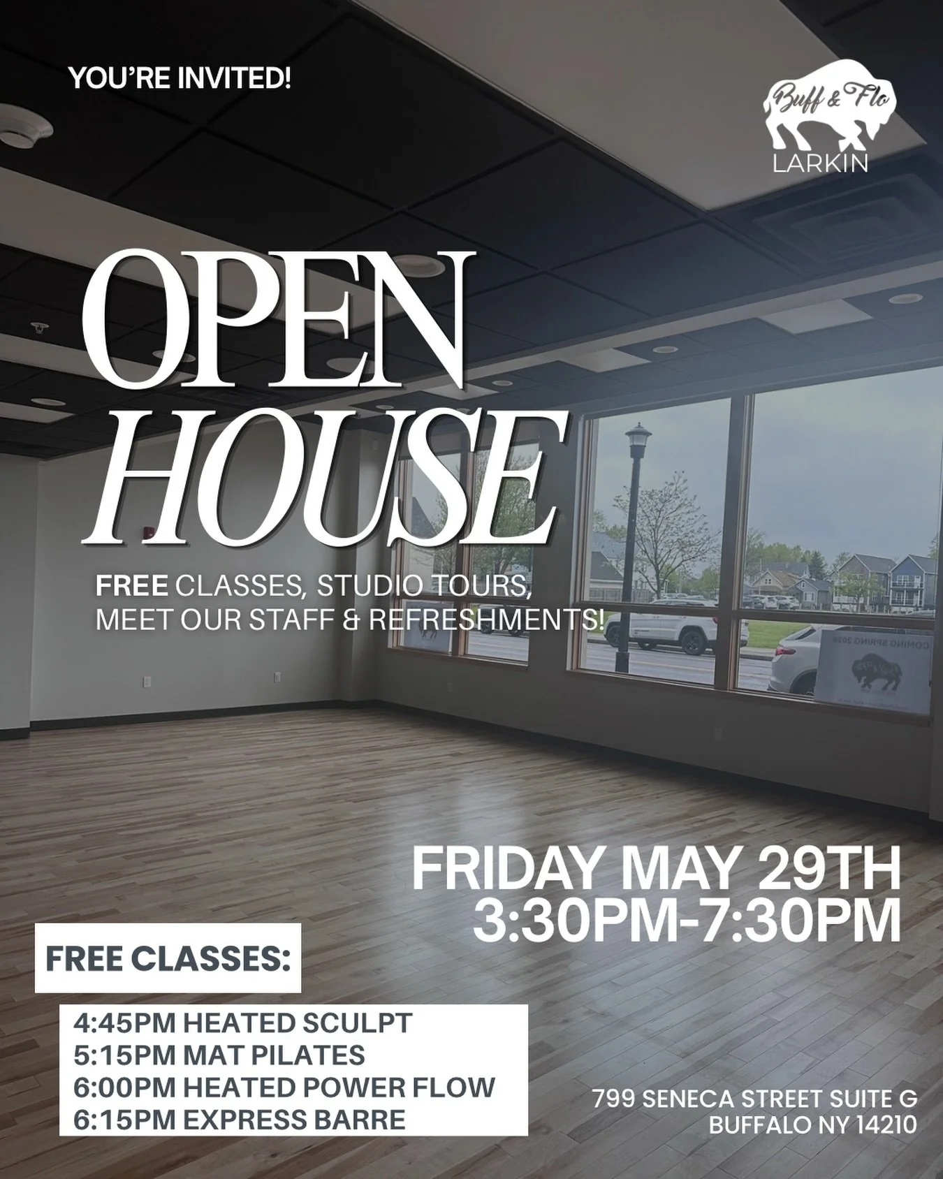 Are you ready Buffalo?! It&rsquo;s officially time to open up Buff &amp; Flo Larkin😍 Join us for an open house and FREE pop up classes Friday, May 29th from 3:30pm-7:30pm. Stop by to meet staff and tour our brand new space! 

FREE CLASS SCHEDULE: 
4