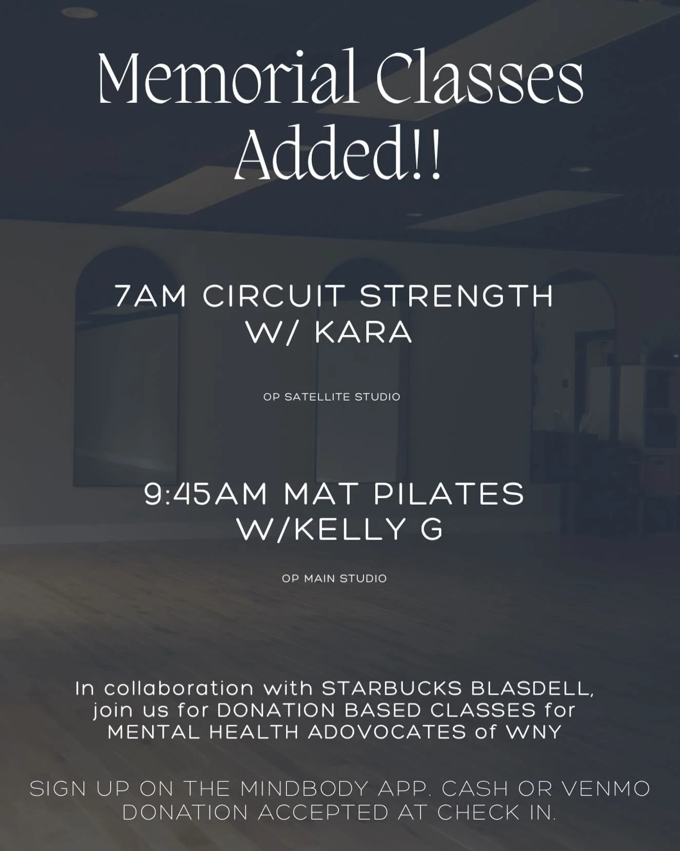 Newly added donation based Memorial Day classes. Join us for:

7AM Circuit Strength with @karanail at OP Satellite 

9:45AM Mat Pilates with @kglow9 at OP Main

Sign up on the MindBody app to reserve your spot. Cash or Venmo donations accepted at the