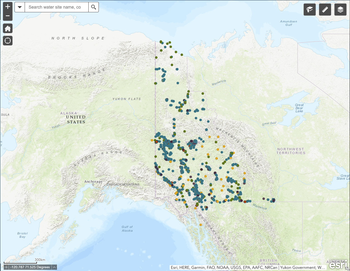 Map of Alaska showing water site locations marked with colored dots across the state, including in the northern and southern regions near major lakes and mountain ranges.