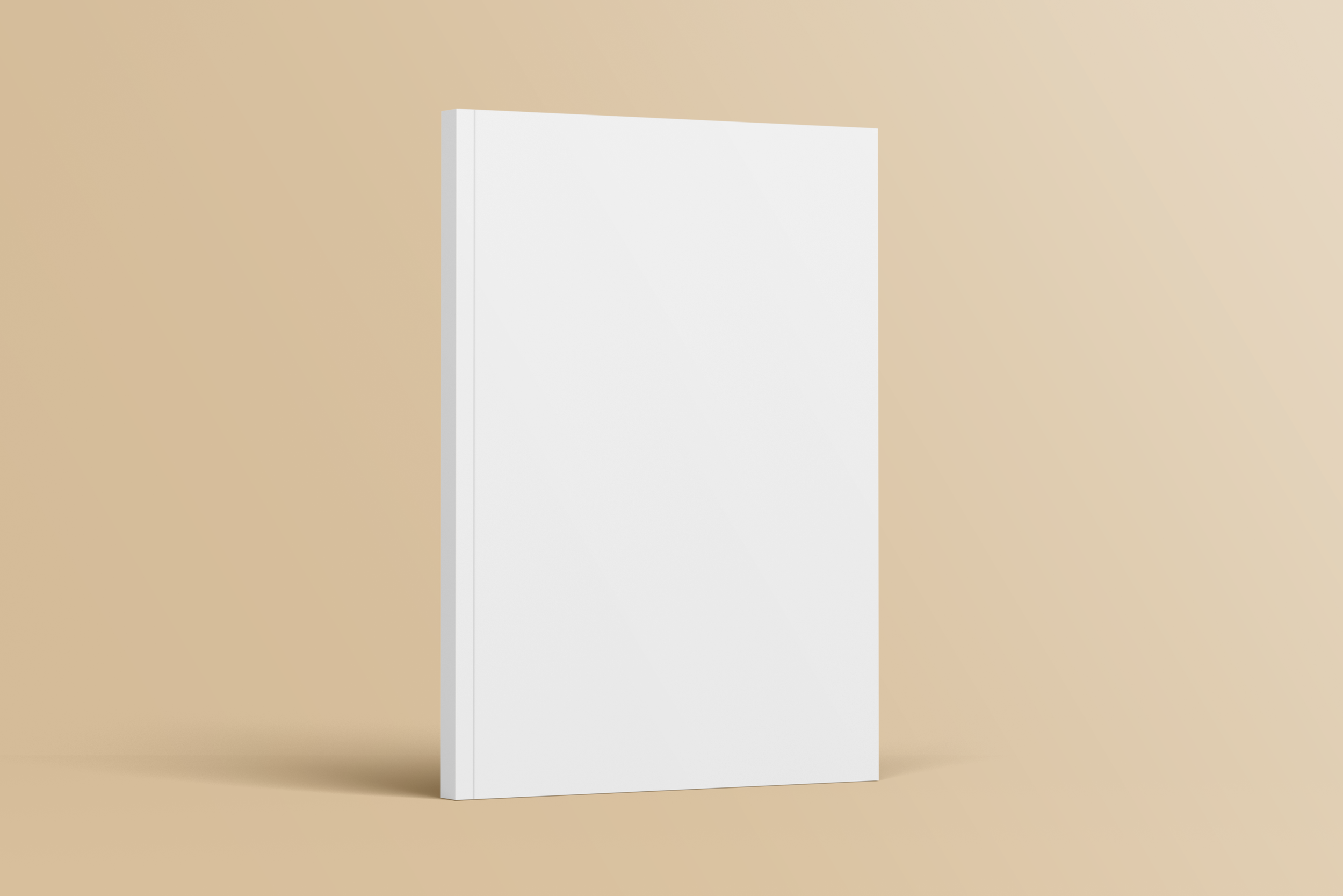 Blank white book standing upright on a beige background.