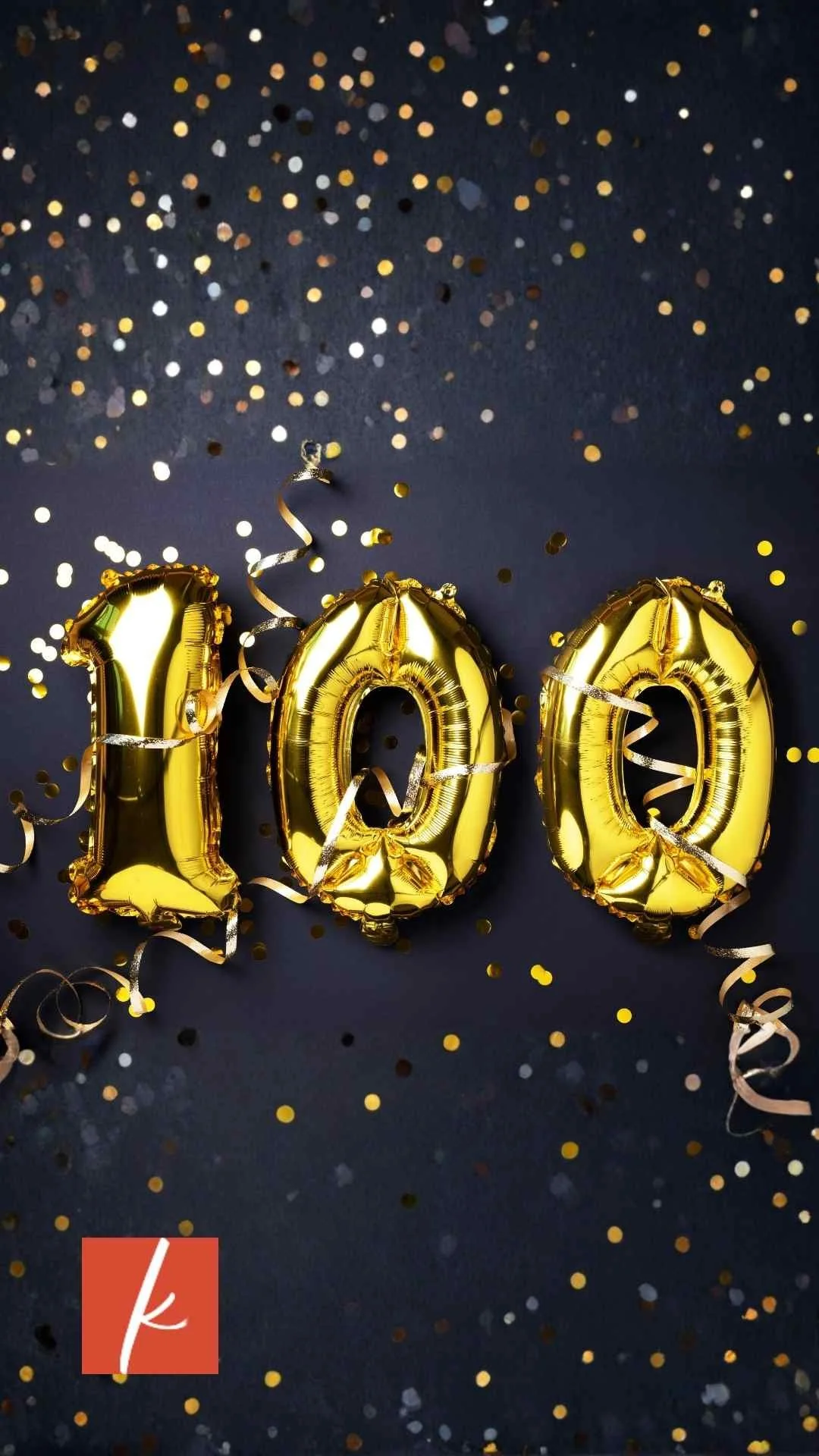 Gold balloons that spell 100 on navy blue background with gold confetti and streamers.