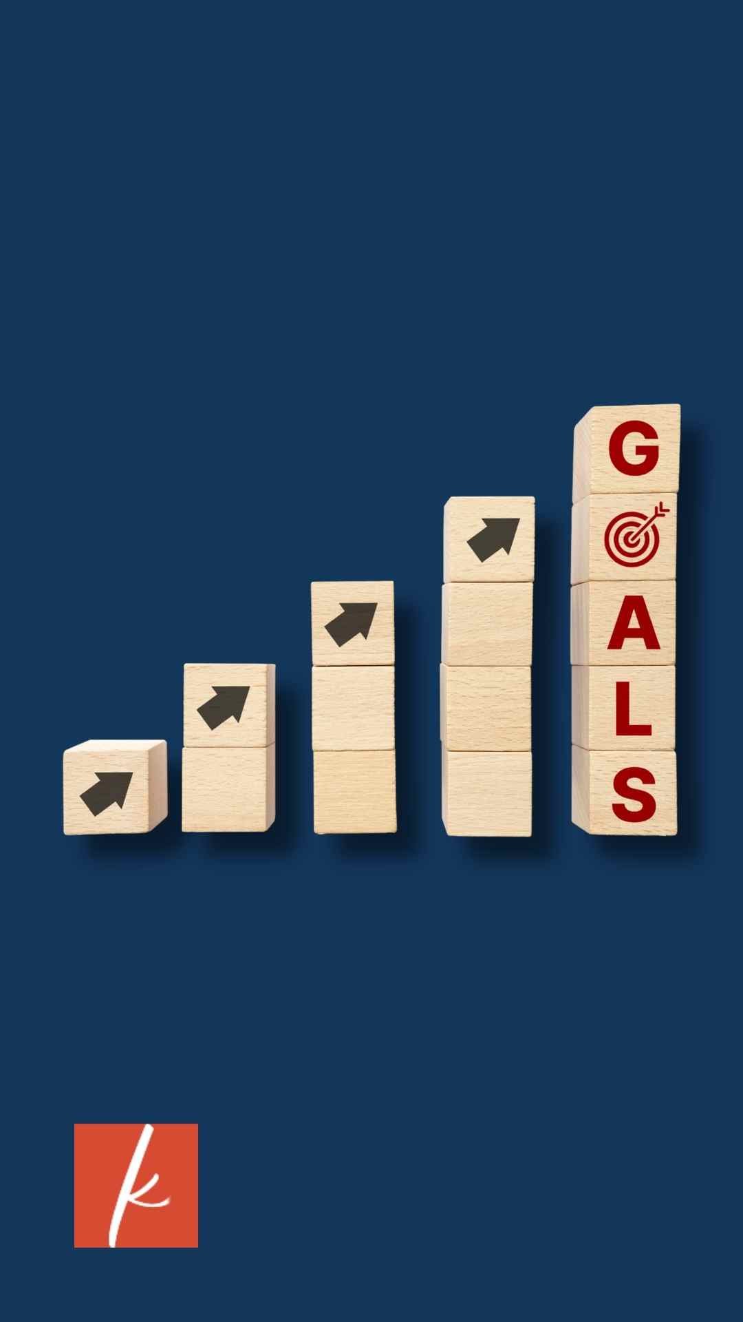 Stacks of wooden blocks on a navy background that grow in size. Each stack has an arrow at the top and the last stack has the word Goals with a target for the O.