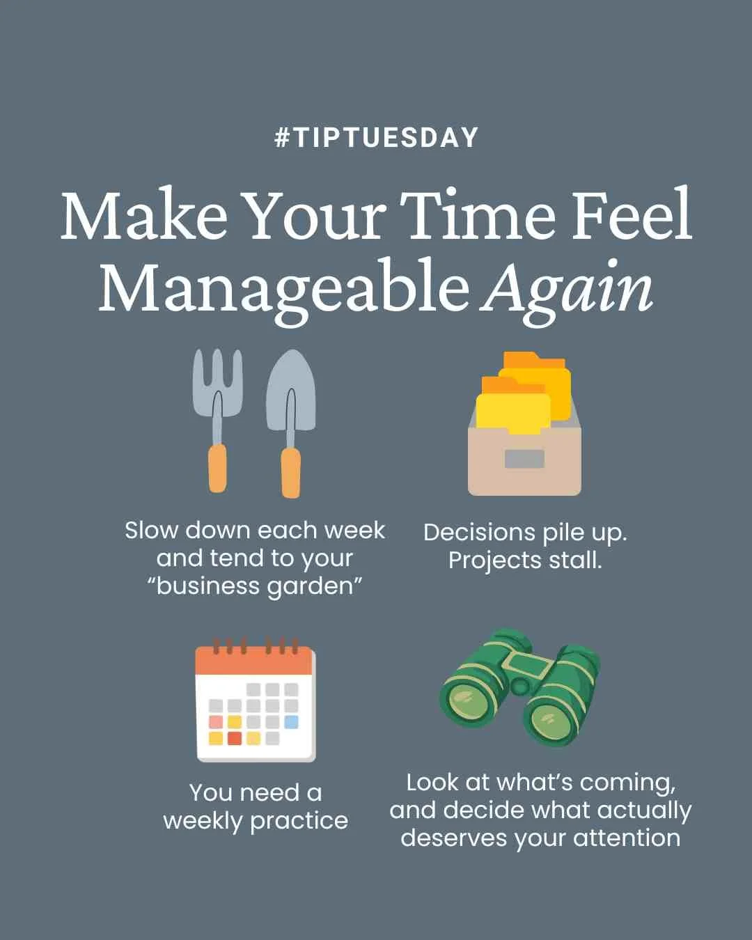 Does your work feel like lifting a bus off your baby every day? You can fix that. 

What&rsquo;s missing is a deliberate, consistent place to slow down each week and tend to your &ldquo;business garden.&rdquo;

Without weekly time to be a CEO, calend