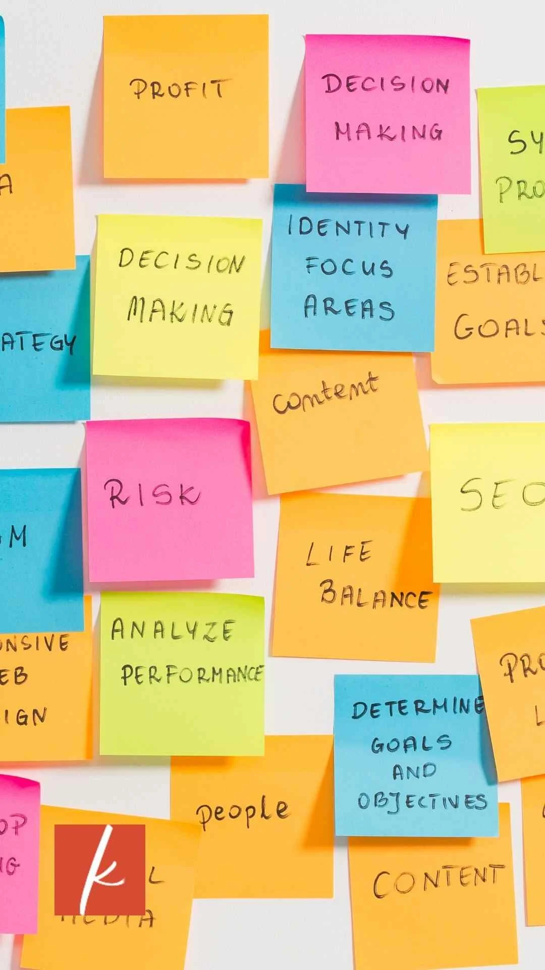 Multiple sticky notes on a wall labeled with business topics such as decision making, identity focus areas, goals, risk, and life balance