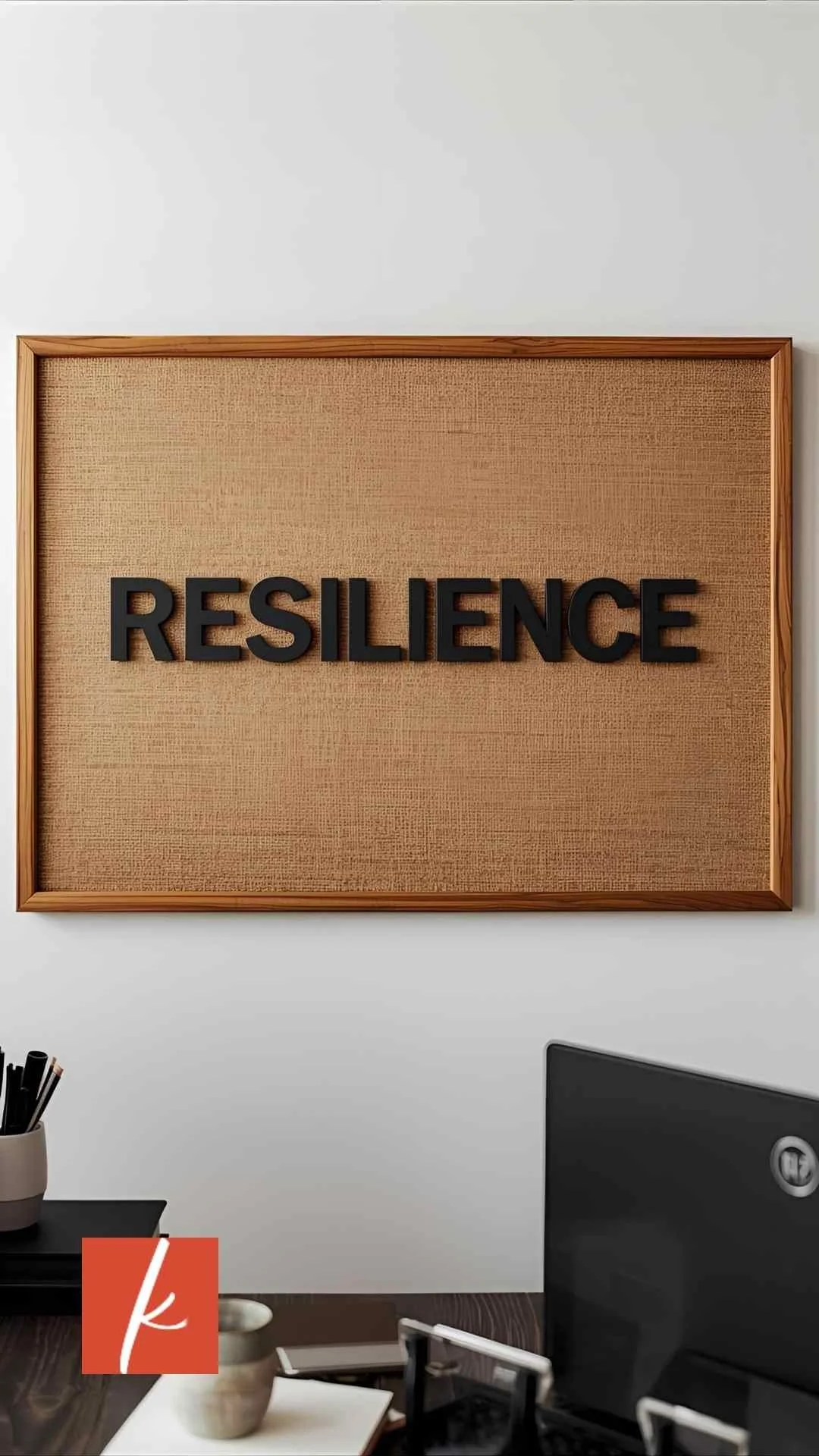 The word ‘Resilience’ displayed in black letters inside a wooden frame on a wall above a desk.