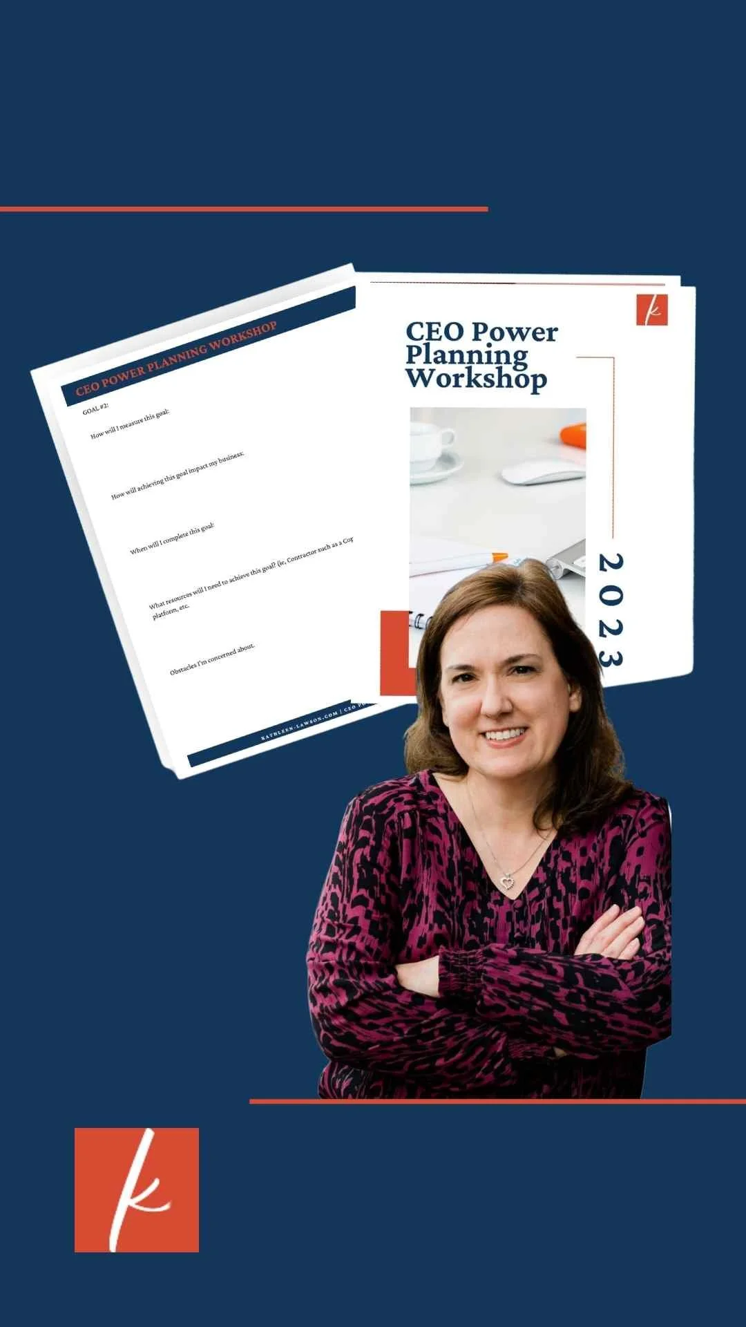 Promotional graphic for the CEO Power Planning Workshop featuring a smiling woman with arms crossed and preview pages of the workshop workbook.