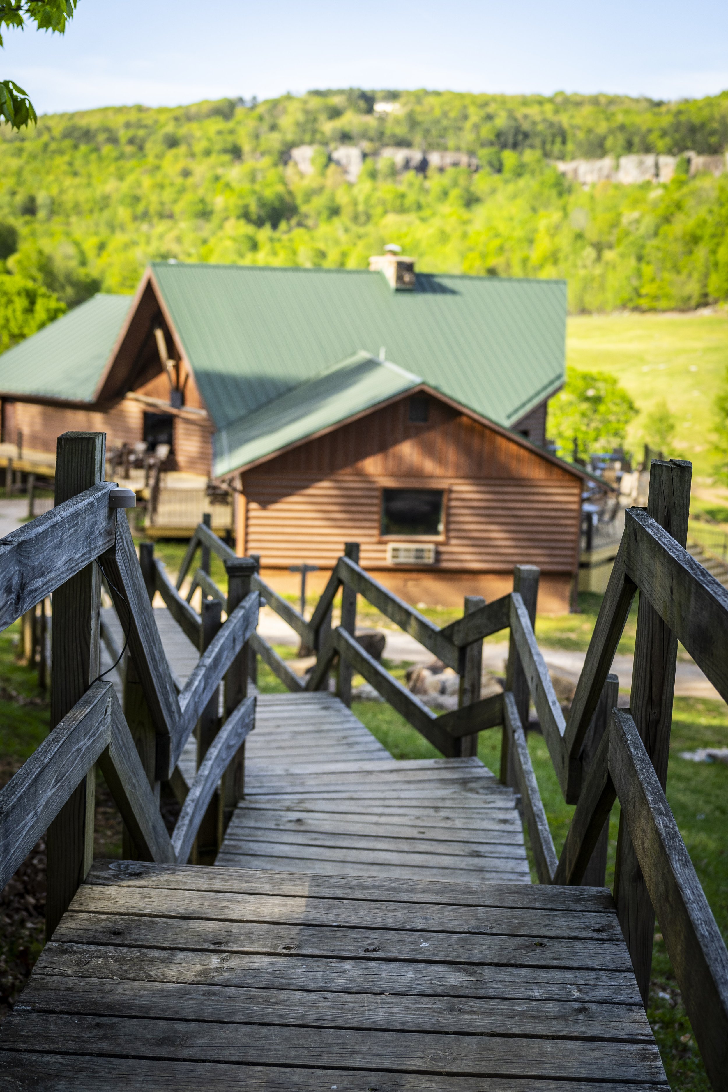 Wooden staircase leading down to a cabin with a green metal roof, surrounded by lush green trees and hills.
