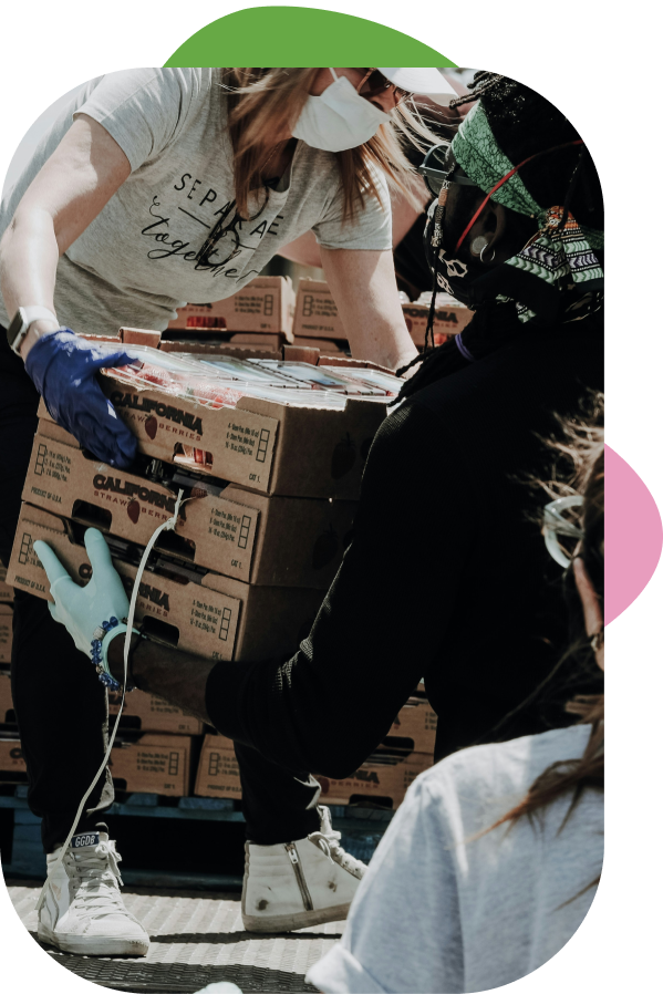 People wearing masks and gloves distributing boxes of strawberries at a distribution event.