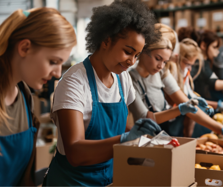 Group of diverse women packing food at a charity or community event