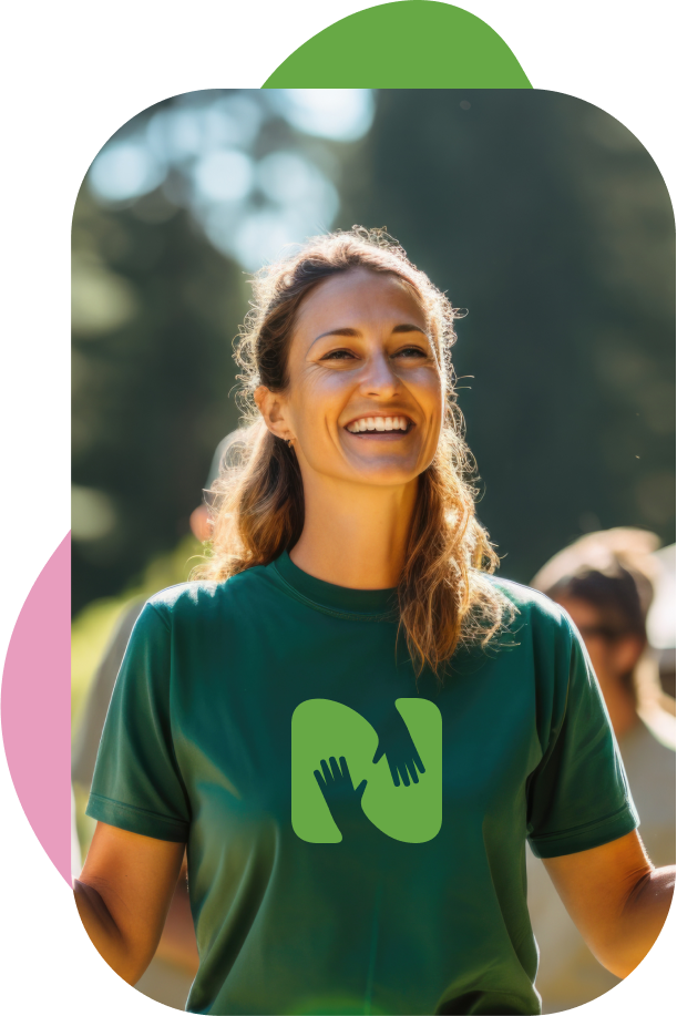 A smiling woman wearing a green T-shirt with a logo of two hands reaching out to each other, outdoors on a sunny day.