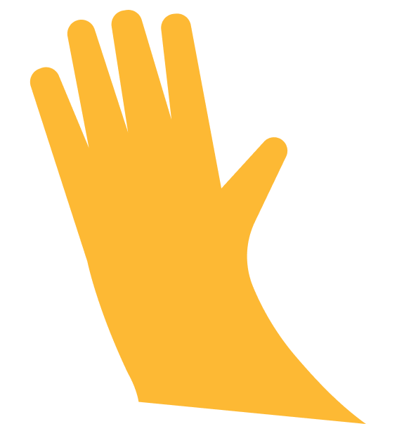 A yellow hand with five fingers raised, shown against a black background.