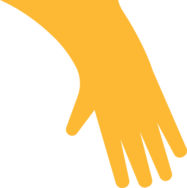 A yellow hand with a simple design, shown with fingers and thumb extended, overlapping a black background.