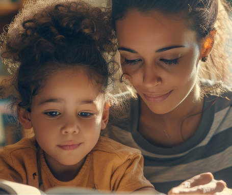 A woman and a young girl sitting close together, looking at a book or device with focused expressions.