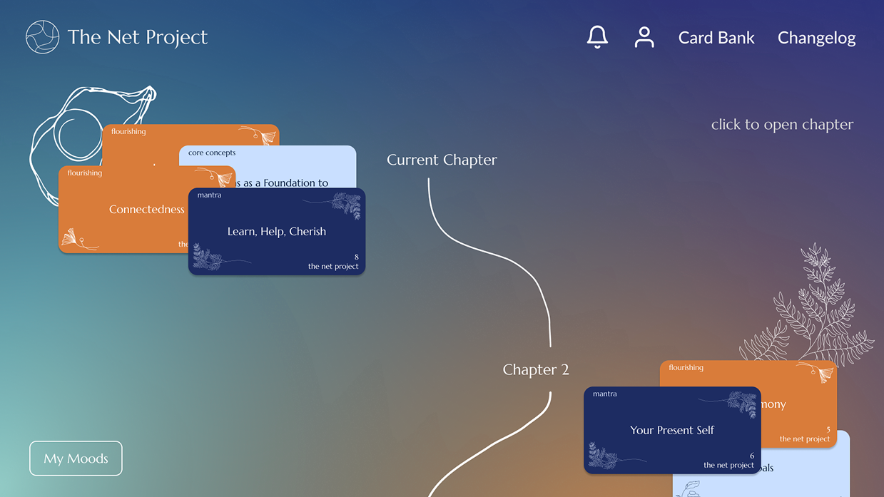 A concept sketch for organizing chapters within the card bank where users can see their progress on a path