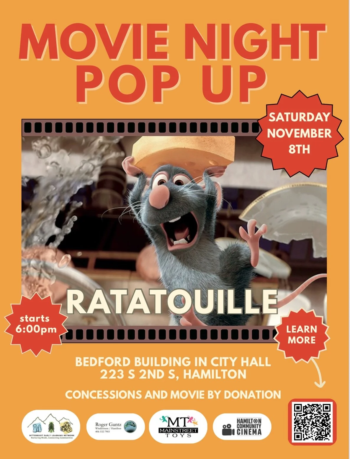 ANYBODY CAN COOK!

Everybody&rsquo;s favorite rat, Remy is going to be gracing us with his presence on the big screen Saturday November 8th. We are so excited to watch the magic of this movie with you all the Bedford Building Friday, November 8th. 

