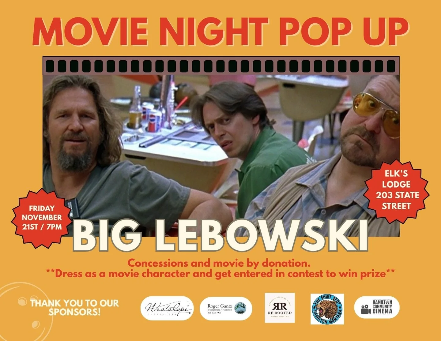 TOMORROW NIGHT (11/21) COME WATCH THE BIG LEBOWSKI WITH US AT THE ELKS LODGE! We are so excited to have drinks and eat popcorn with you Friday night. 

Make sure you dress like a character and be entered to win a prize 😎

We are looking for friendly
