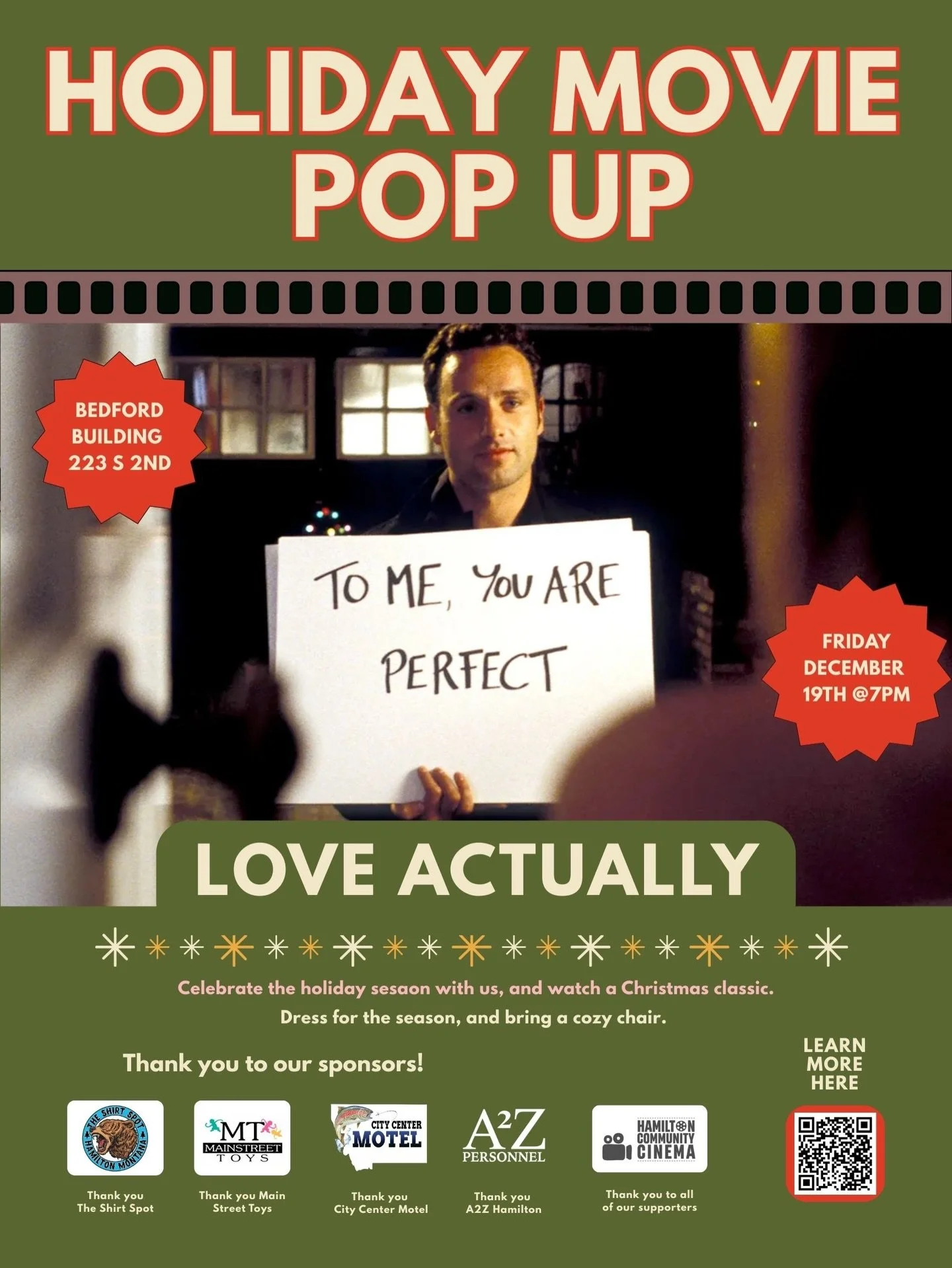 Love Actually, this Friday December 19th at the Bedford building. 

We are excited to enjoy some holiday sweaters, popcorn and chocolate while watching this Christmas classic with you. We will be voting for our next movie, so get your thinking caps r