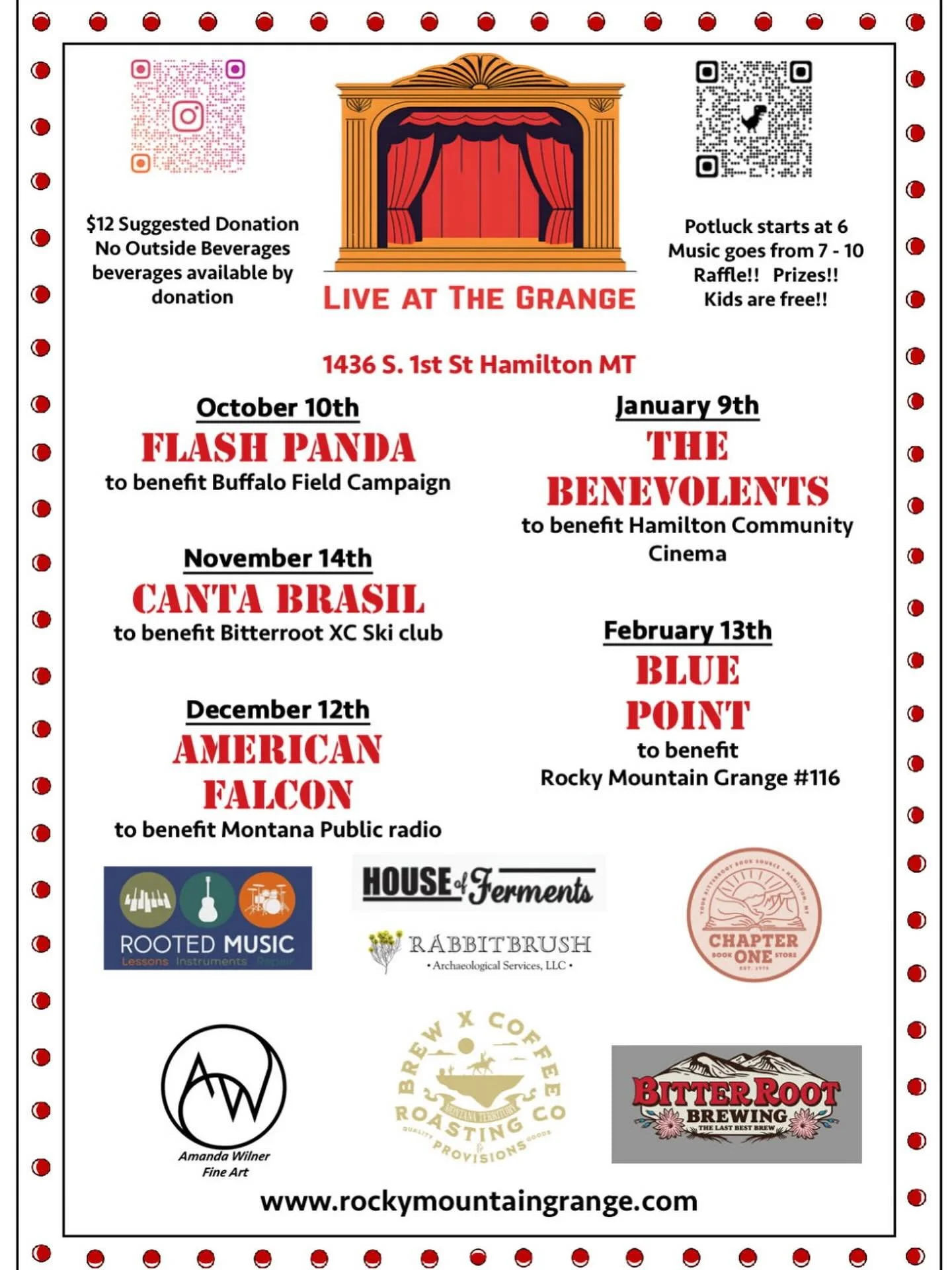 Join us this Friday at the @rmgrange116 for a community potluck and a night of great music to benefit Hamilton Community Cinema! Potluck at 6, music starts at 7. See you there!