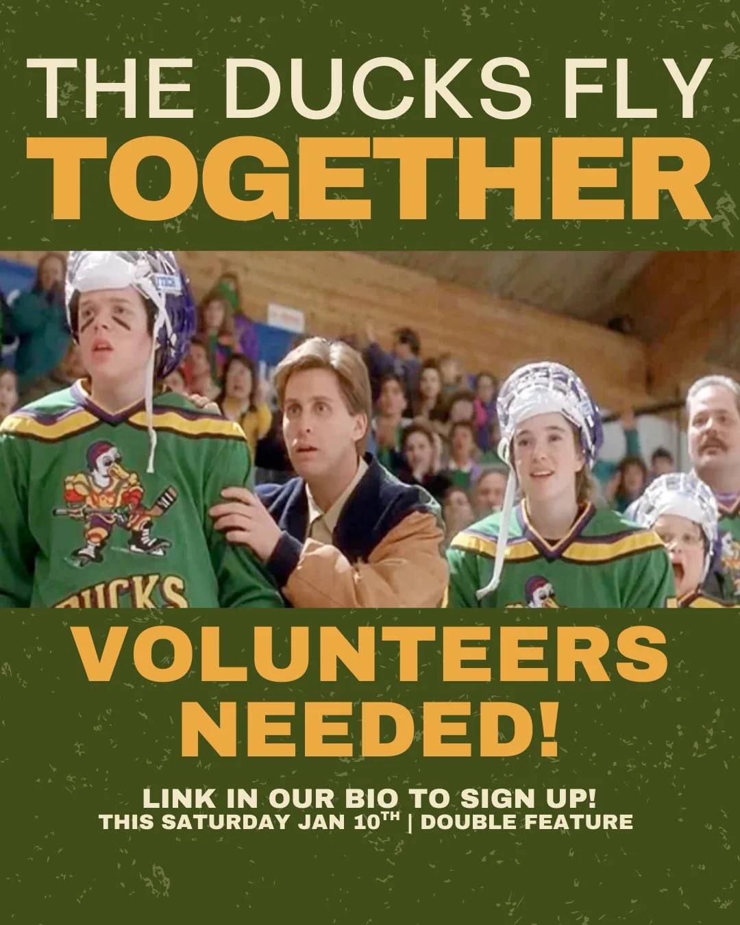 Quack Quack Quack Quack!

We need YOU to volunteer this Saturday for our double feature. 
Our events wouldn't be possible with our volunteer support, and everything you guys do! If you are interested in volunteering for either or both of our movies t