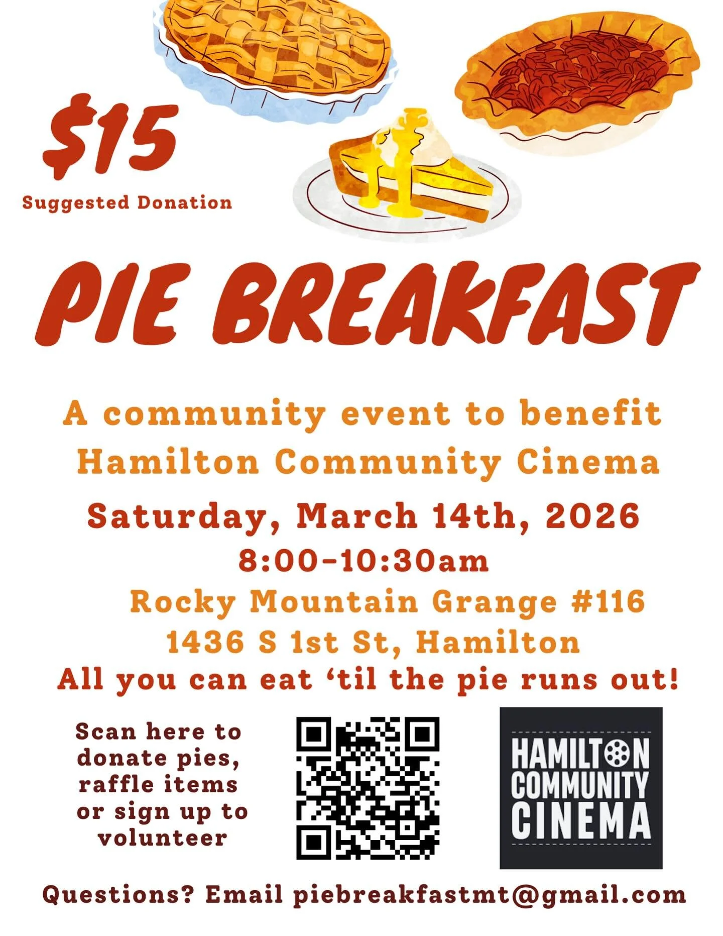 Join us this Saturday, 3/14, from 8-10:30am at the @rmgrange116 for the Pie Breakfast fundraiser! Live music by the @flamingsuzettes , silent auction, raffle and all the pie you can eat, until the pie runs out. Email piebreakfastmt@gmail.com if you&r