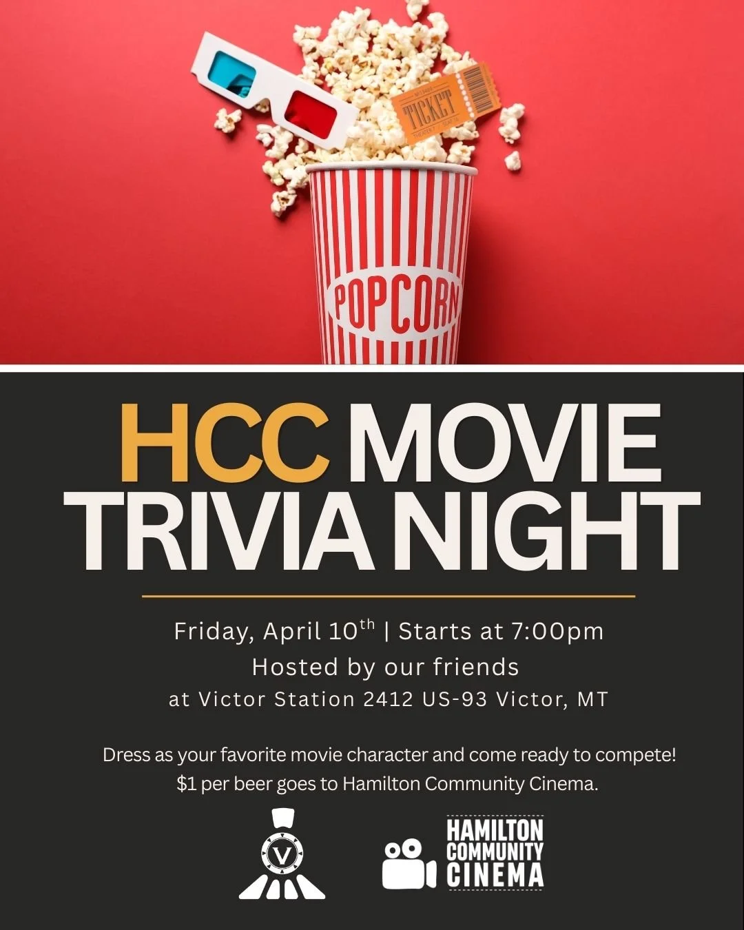 We are excited to announce Victor Station is hosting a movie trivia in partnership with Hamilton Community Cinema on April 10th. 

Come out to support HCC and Victor Station for pint night and trivia at 7pm, April 10th. Come with a good team ready to